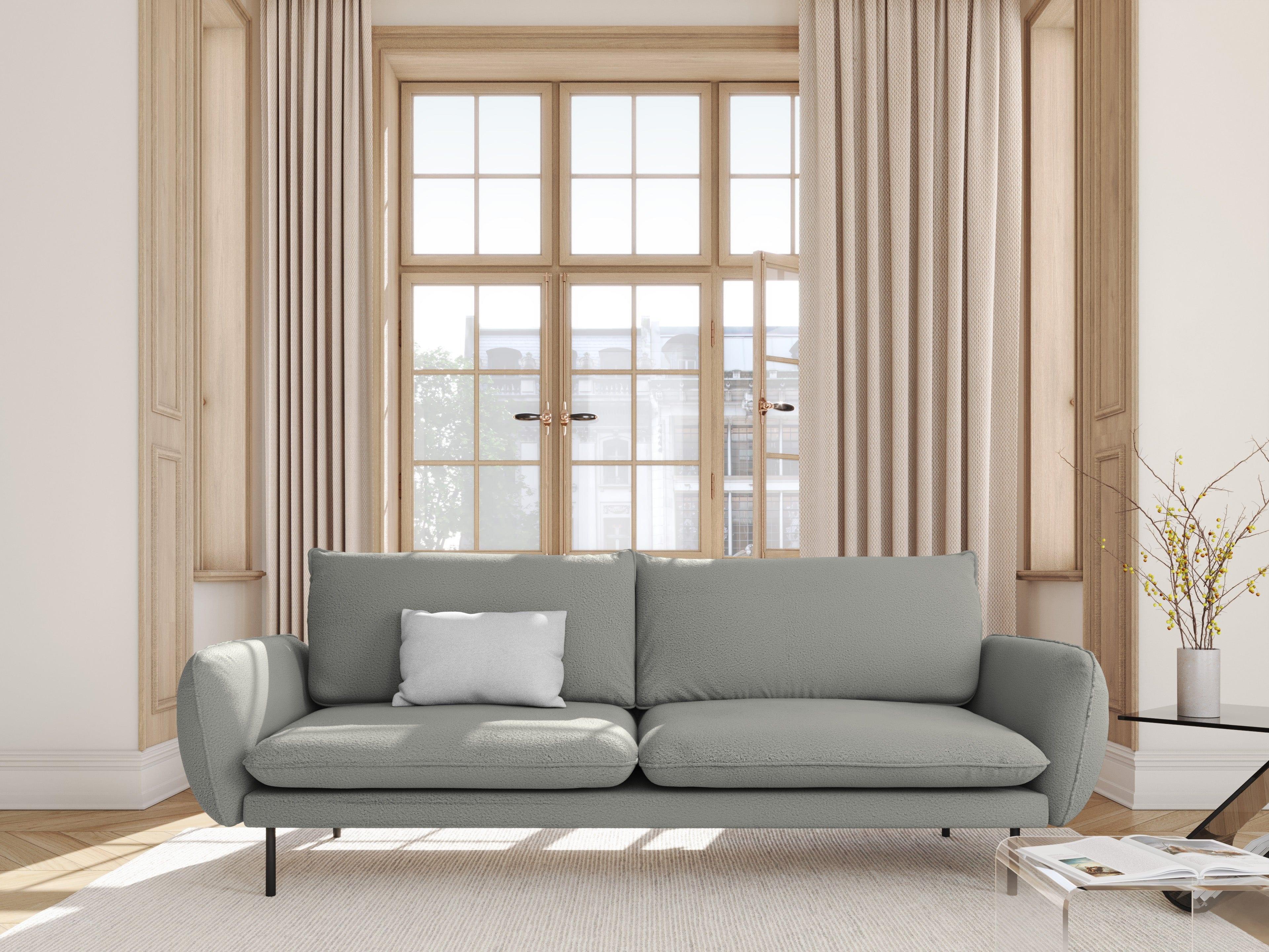 Sofa w tkaninie boucle 4-osobowa VIENNA szary z czarną podstawą Cosmopolitan Design Eye on Design