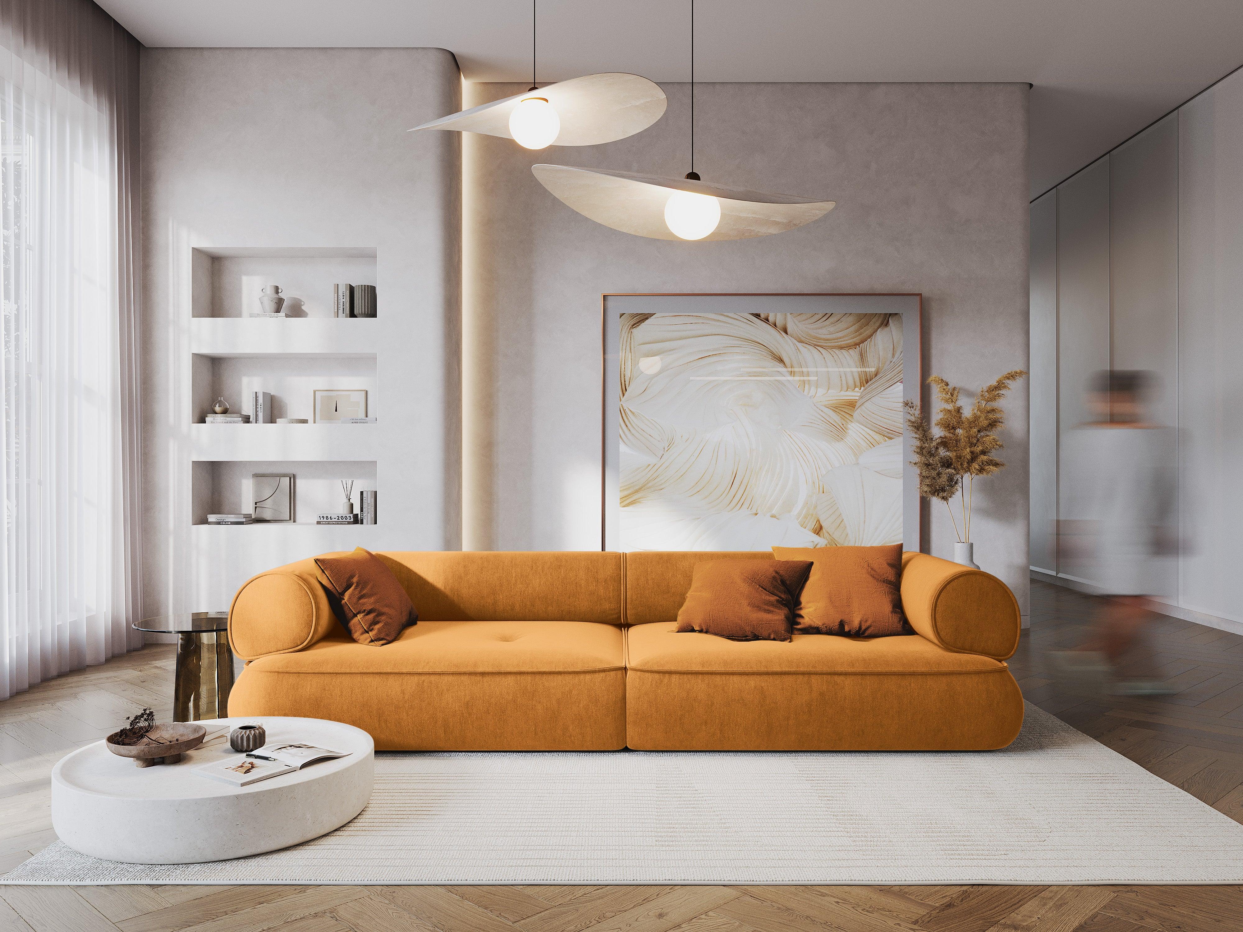 Sofa w tkaninie szenilowej 4-osobowa LILY musztardowy Maison Heritage Eye on Design
