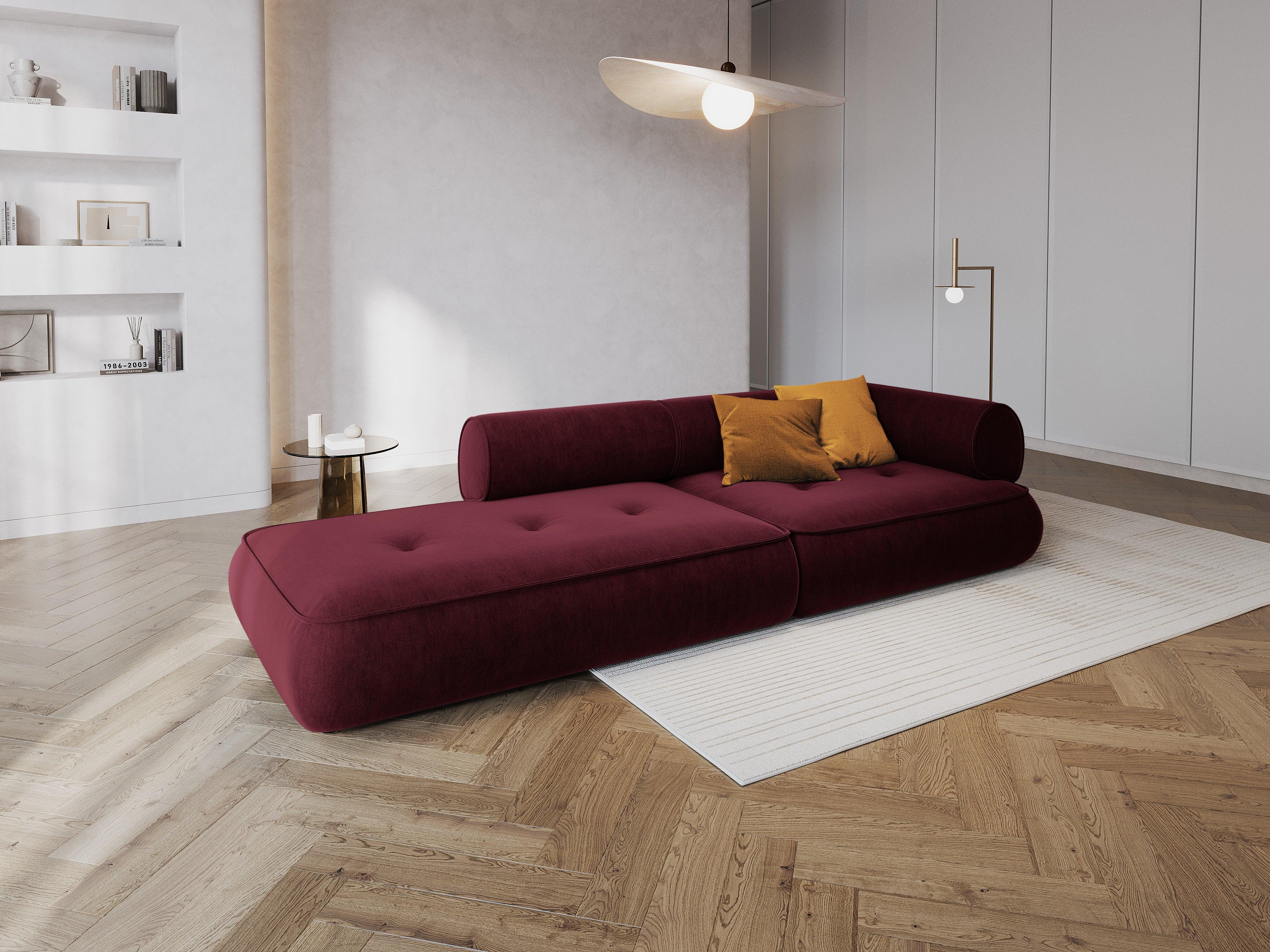 Sofa w tkaninie szenilowej otwarta lewostronna LILY burgundowy Maison Heritage Eye on Design