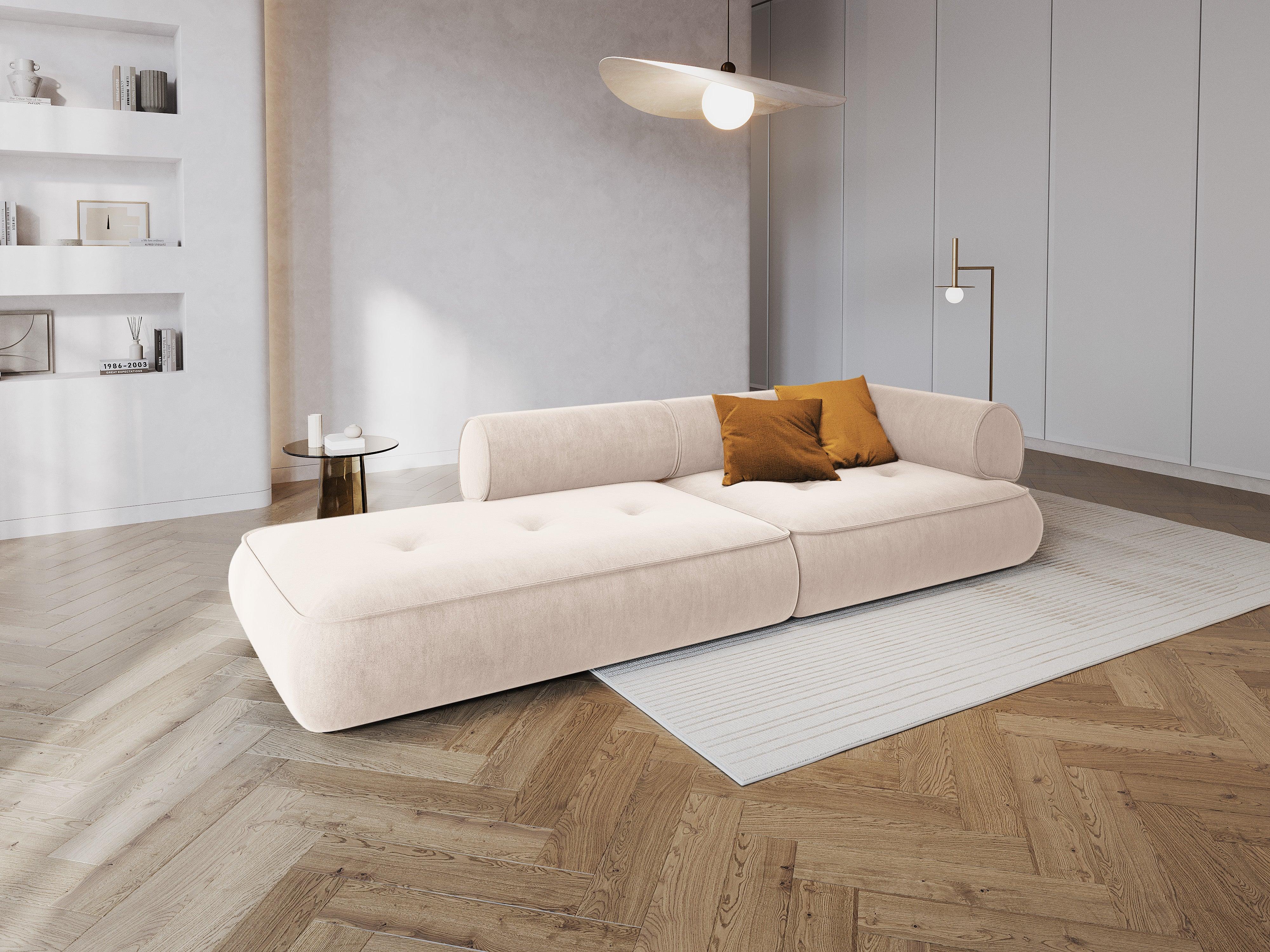 Sofa w tkaninie szenilowej otwarta lewostronna LILY jasnobeżowy Maison Heritage Eye on Design