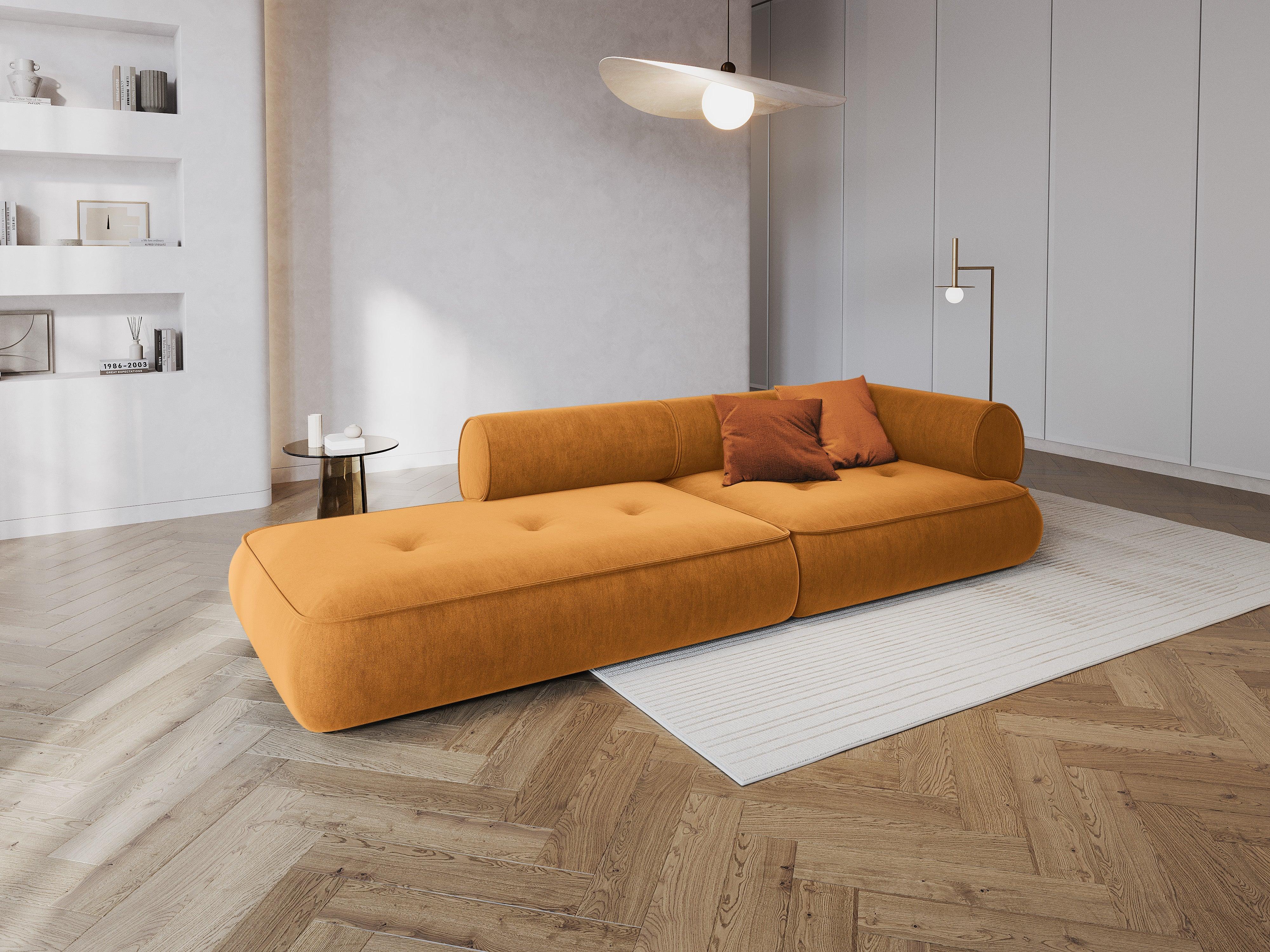 Sofa w tkaninie szenilowej otwarta lewostronna LILY musztardowy Maison Heritage Eye on Design