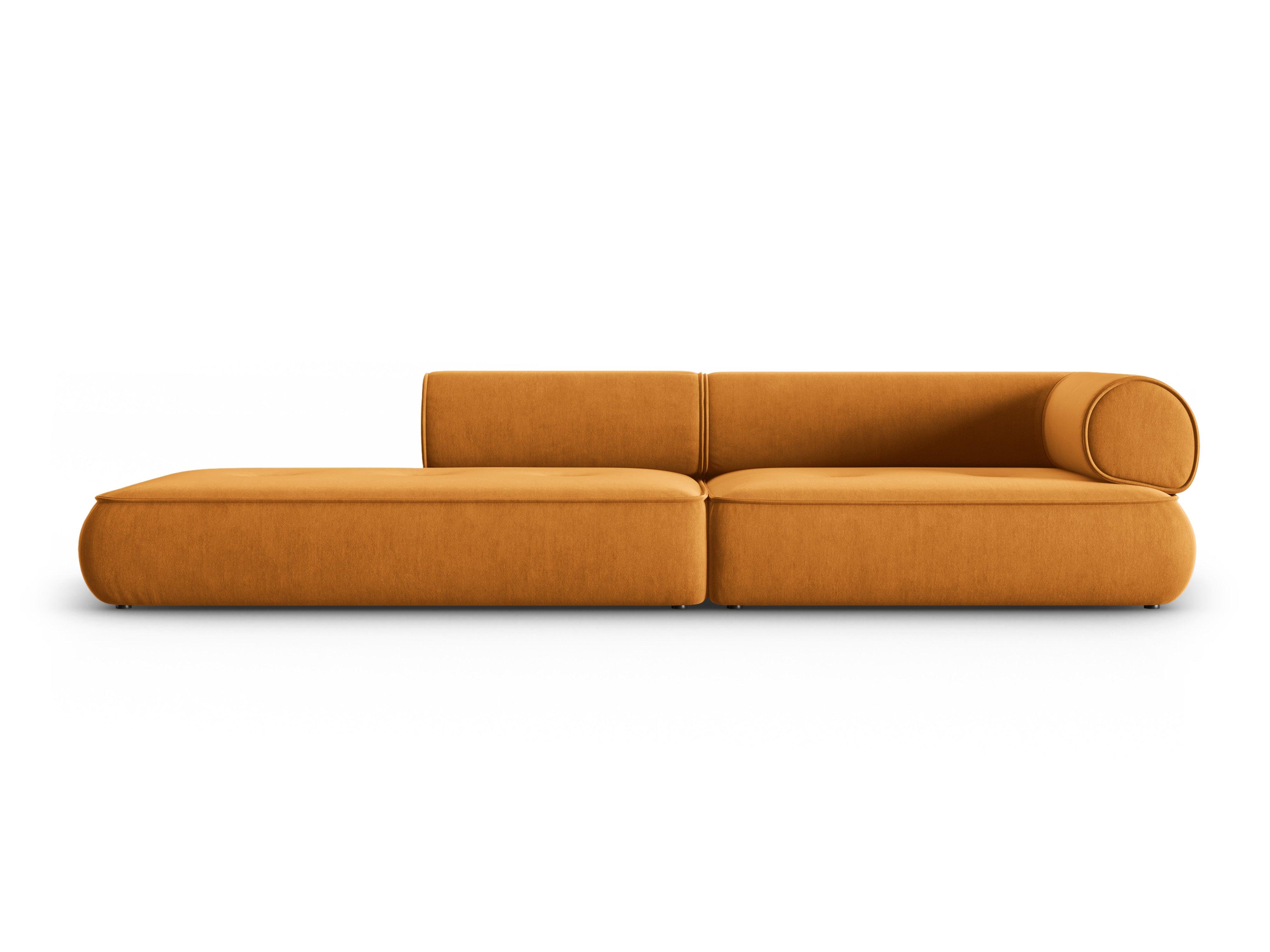 Sofa w tkaninie szenilowej otwarta lewostronna LILY musztardowy Maison Heritage Eye on Design