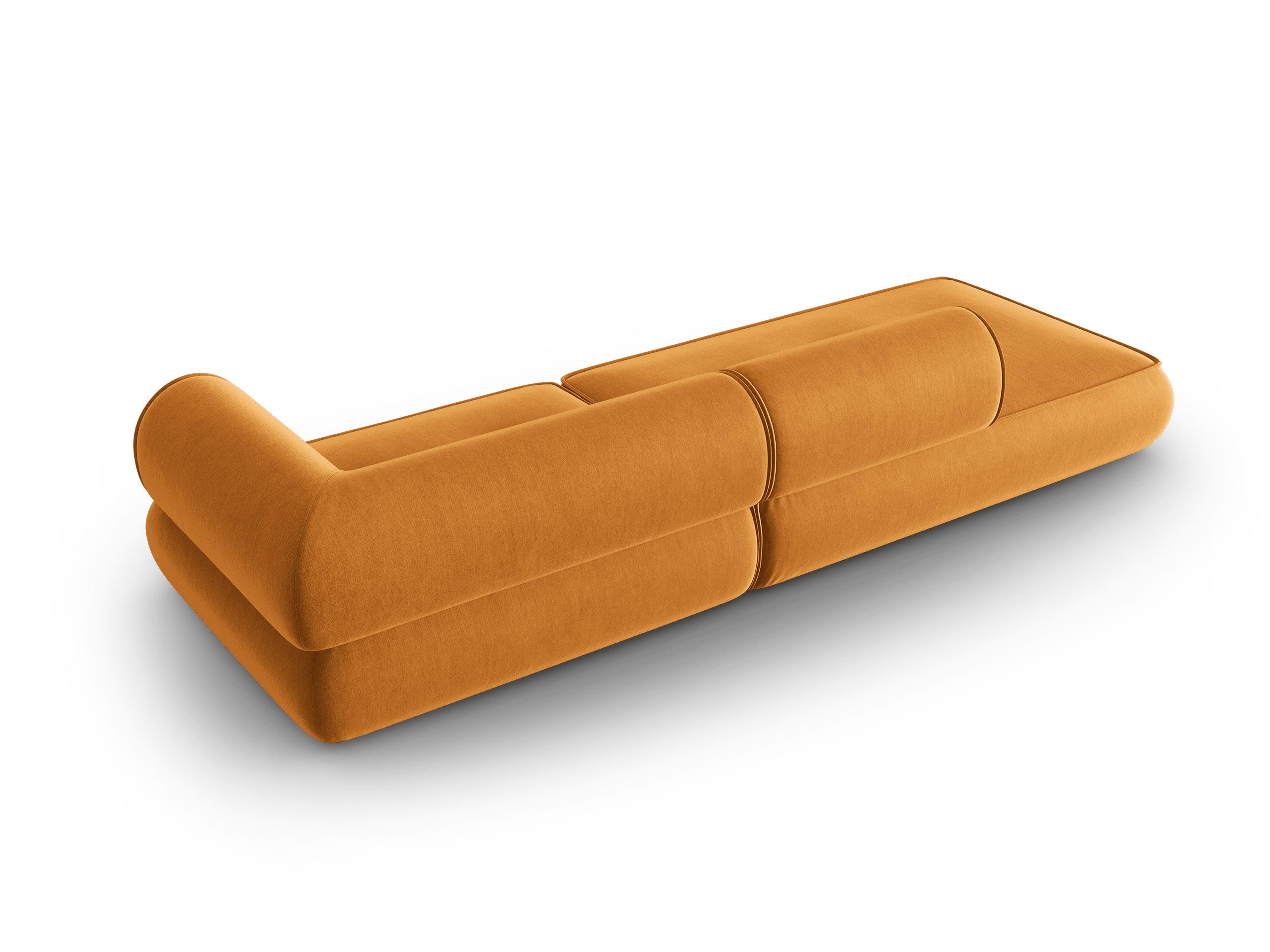 Sofa w tkaninie szenilowej otwarta lewostronna LILY musztardowy Maison Heritage Eye on Design
