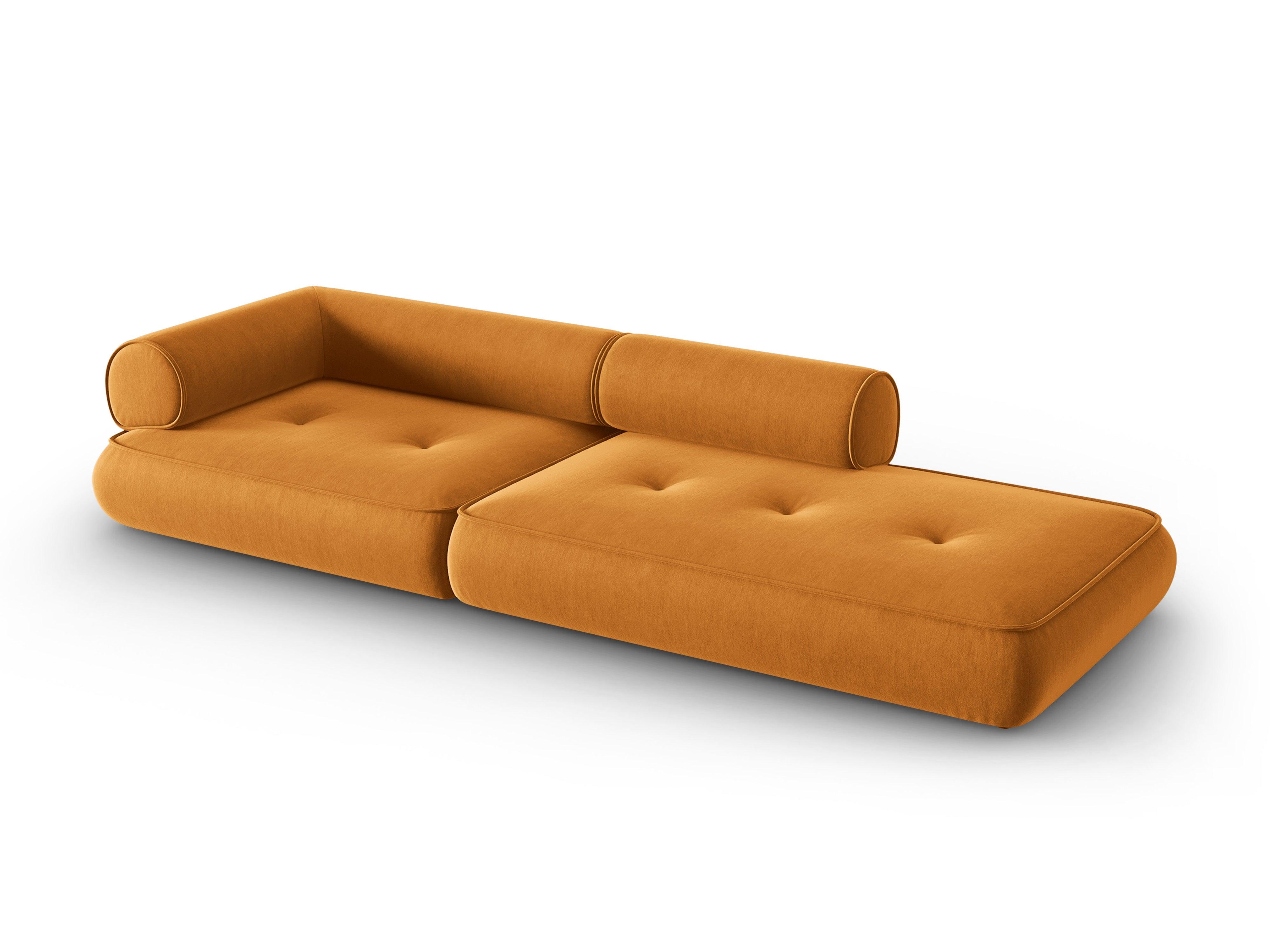 Sofa w tkaninie szenilowej otwarta prawostronna LILY musztardowy Maison Heritage Eye on Design