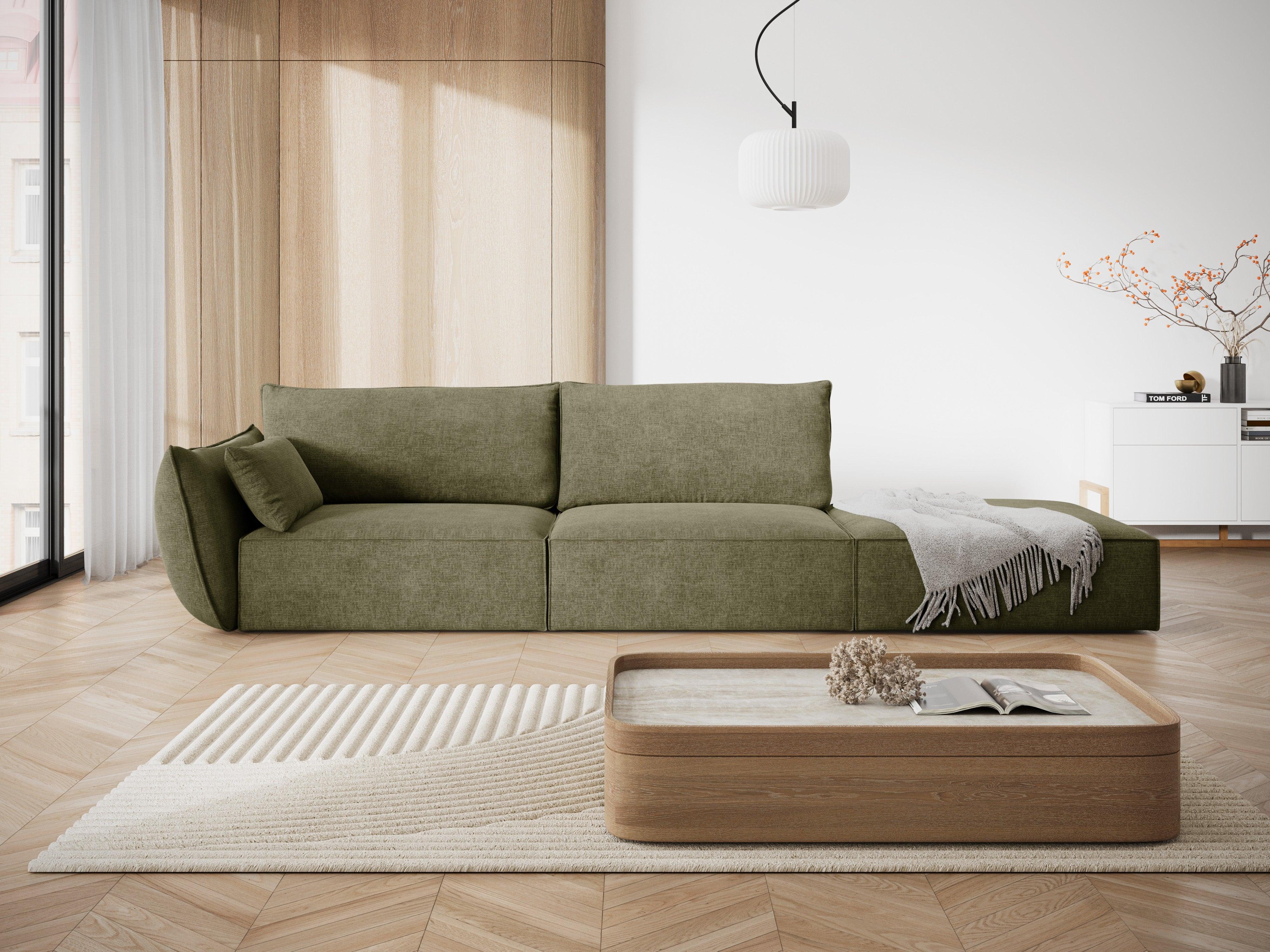 Sofa w tkaninie szenilowej prawostronna otwarta VANDA zielony Mazzini Sofas Eye on Design