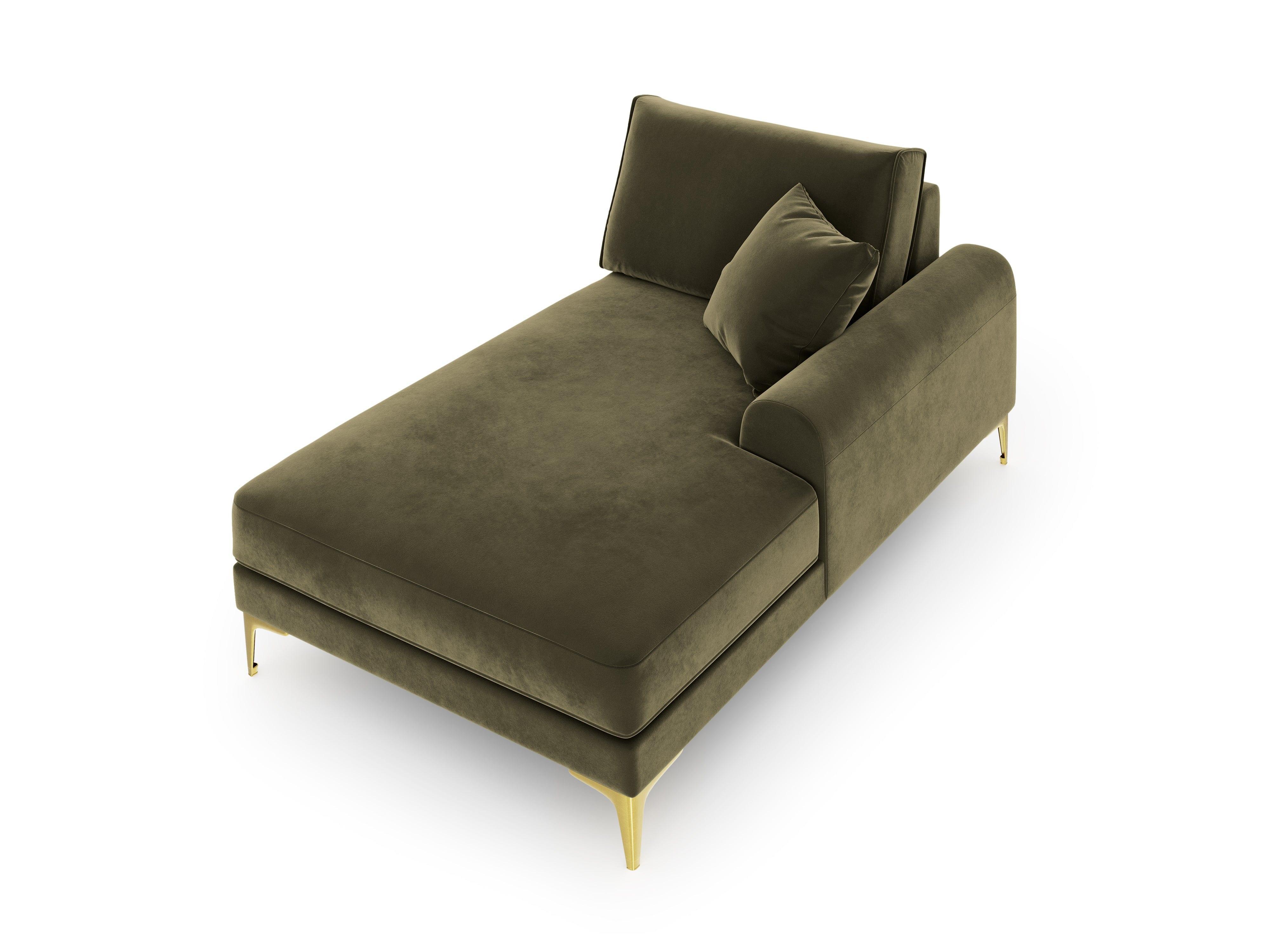 Szezlong aksamitny prawostronny MADARA zielony ze złotą podstawą Mazzini Sofas Eye on Design