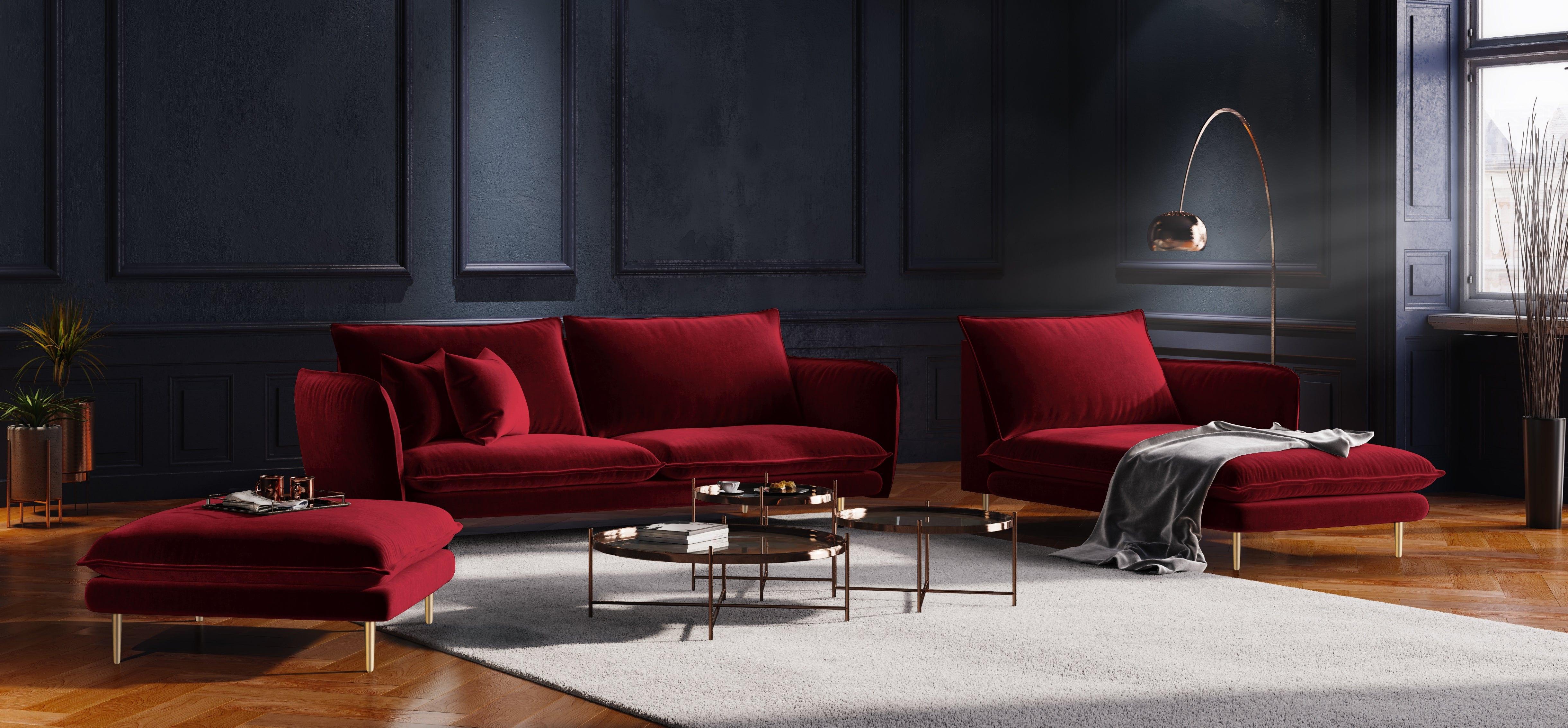 Szezlong aksamitny prawostronny VIENNA bordowy ze złotą podstawą Cosmopolitan Design Eye on Design