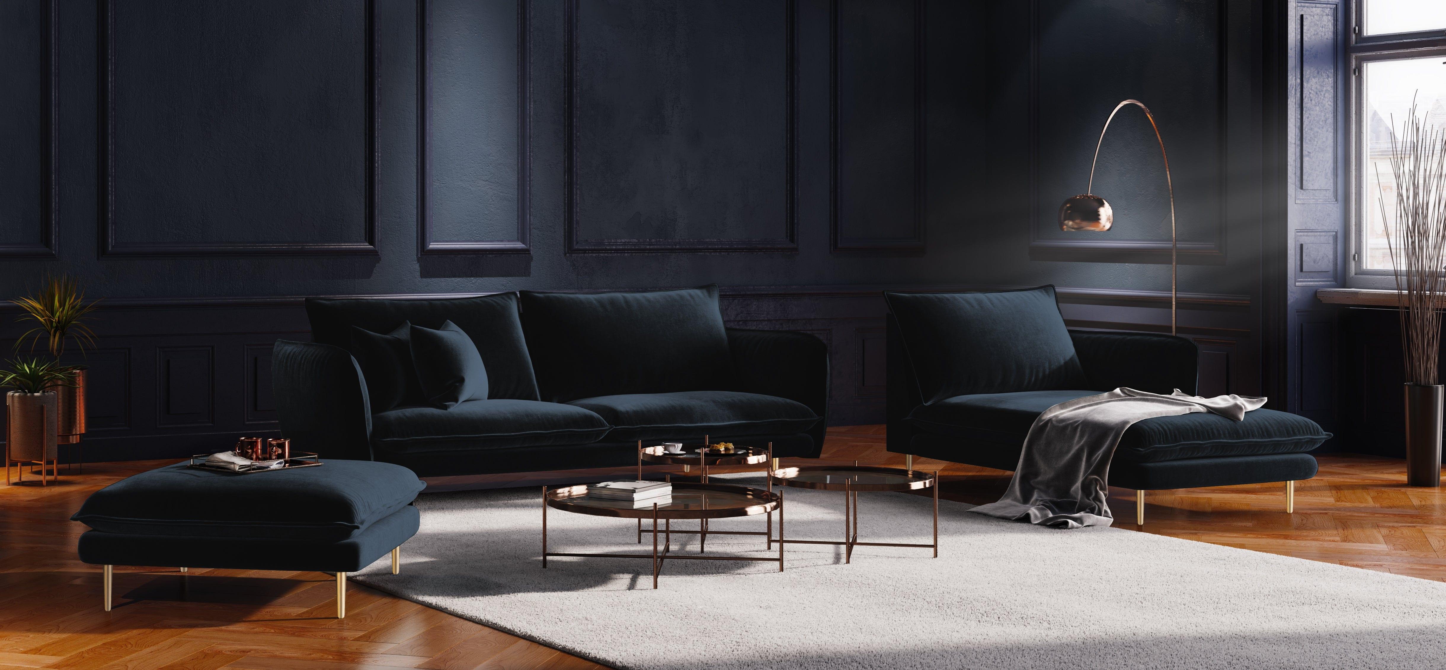 Szezlong aksamitny prawostronny VIENNA granatowy ze złotą podstawą Cosmopolitan Design Eye on Design