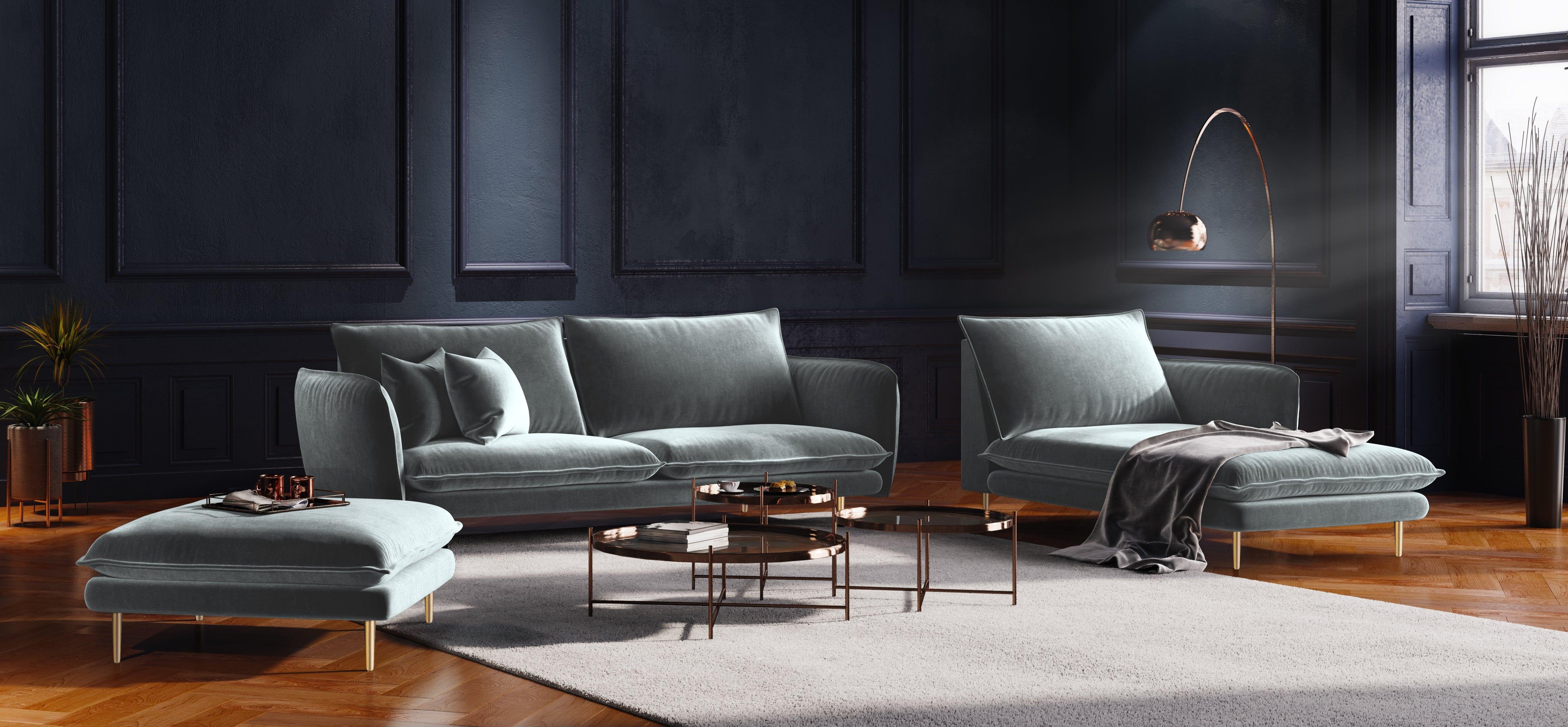 Szezlong aksamitny prawostronny VIENNA jasnoszary ze złotą podstawą Cosmopolitan Design Eye on Design