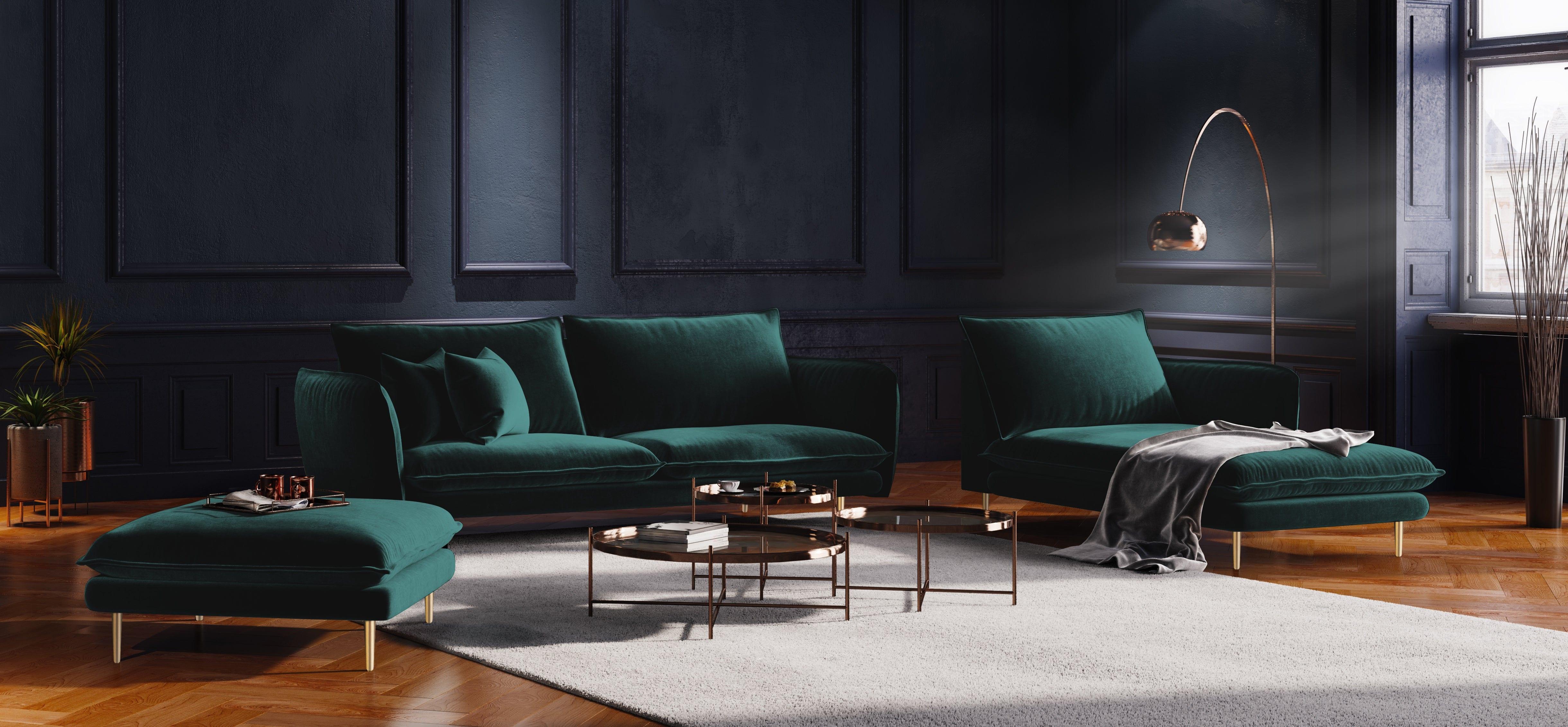 Szezlong aksamitny prawostronny VIENNA morski ze złotą podstawą Cosmopolitan Design Eye on Design
