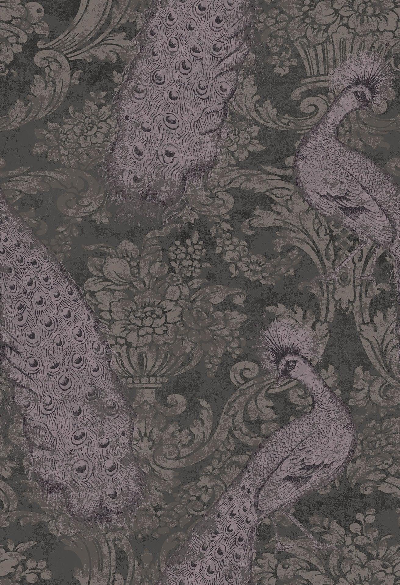 Metallic wallpaper with animal motif in peacock ALBEMARLE - Lilac Byron