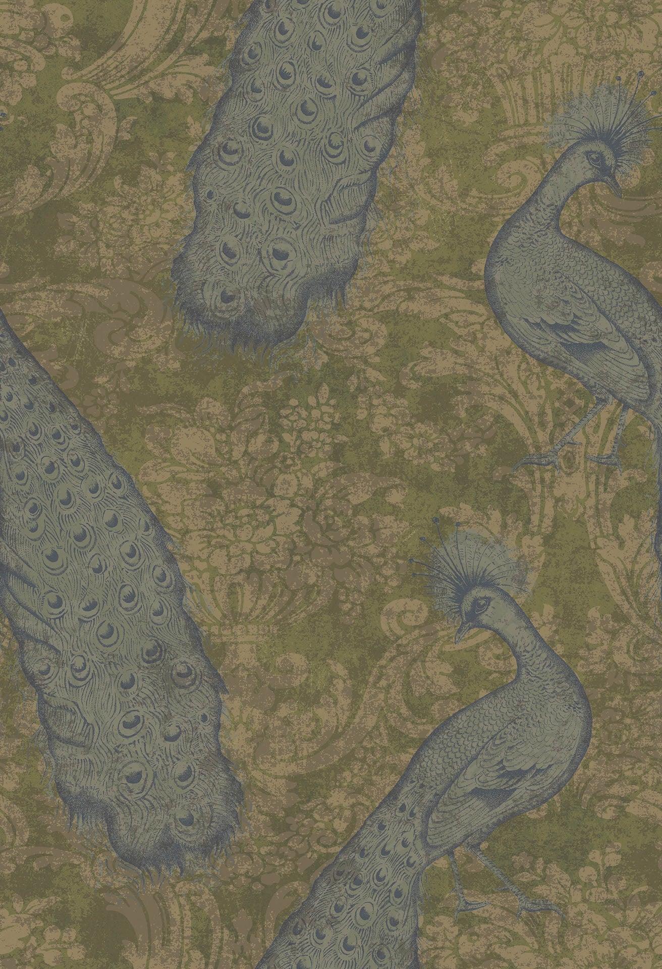 Metallic wallpaper with animal motif in peacock ALBEMARLE - Byron turquoise and gold
