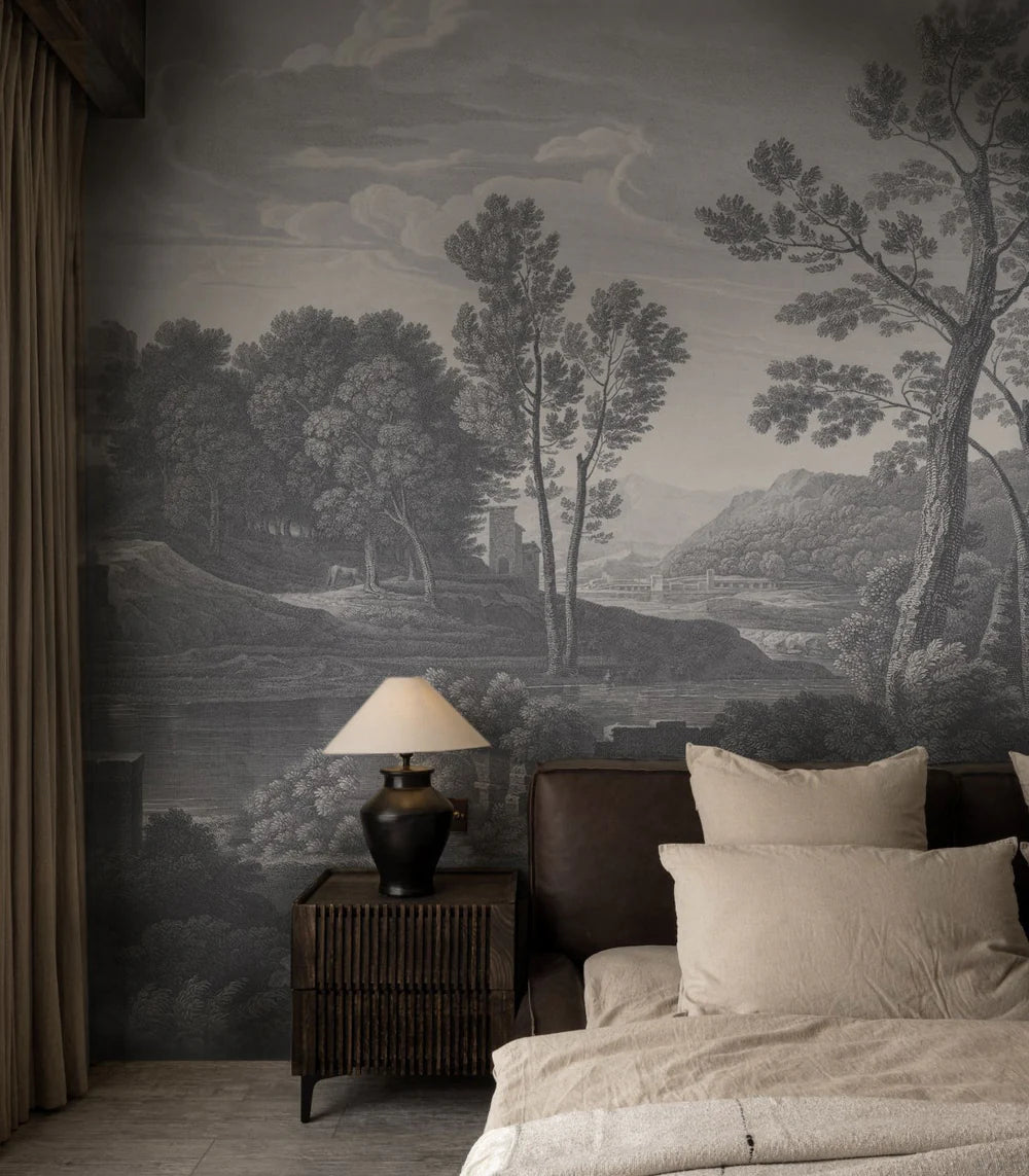 Non-woven wallpaper with the landscape ANCIENT RIVERSIDE GROVE gray
