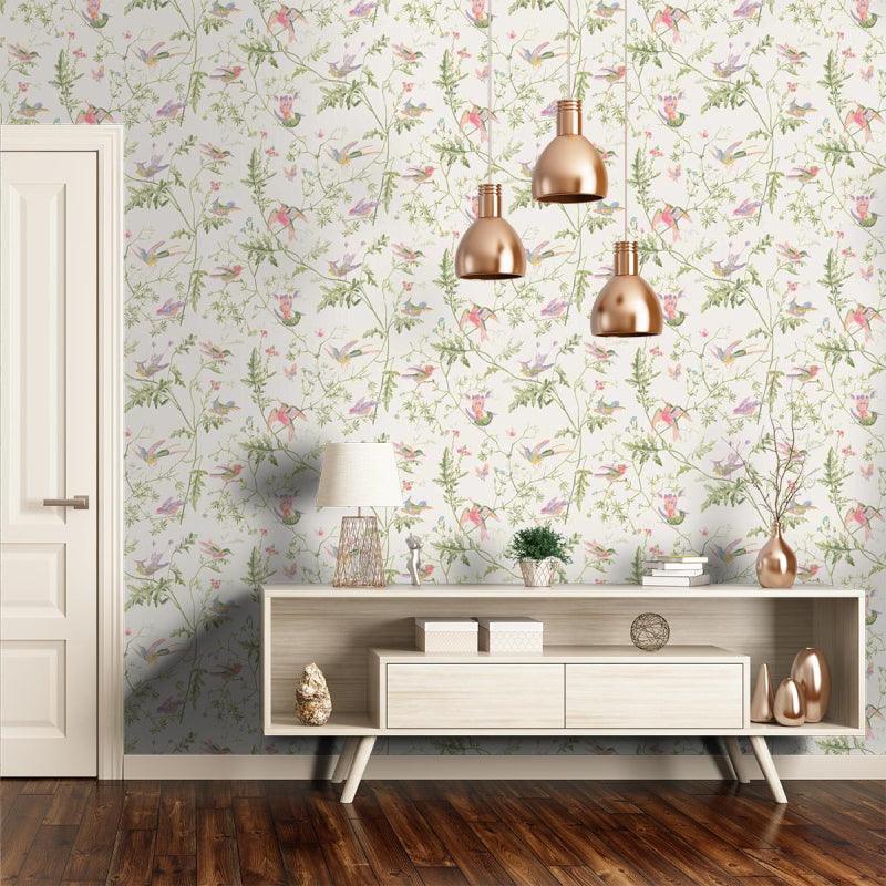 Wallpaper with a plant and animal motif of ARCHIVE ANTHOLOGY - Hummingbirds olive on cream
