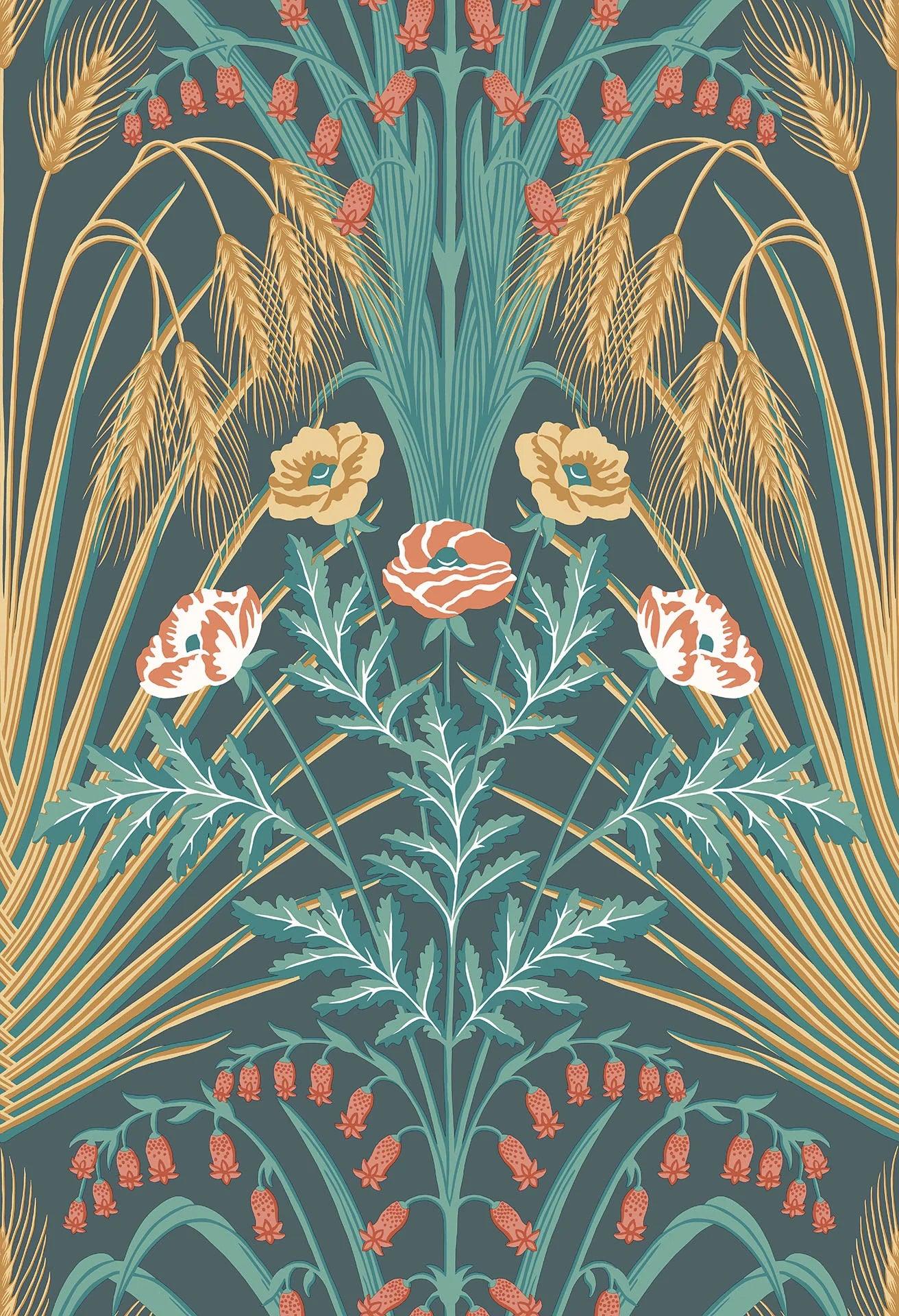 Wallpaper with a plant motif of leaves and flowers BOTANICAL BOTANICA - Bluebell metallic gold