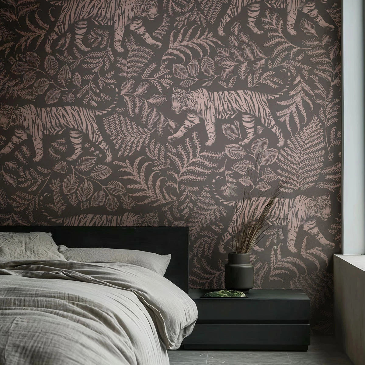 Camouflaged Tiger Wallpaper Gray Pink