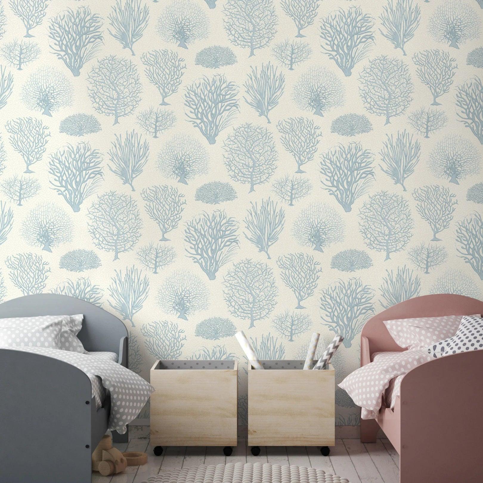 Wallpaper with a marine flora plant motif CURIO - Pink sea fern on white