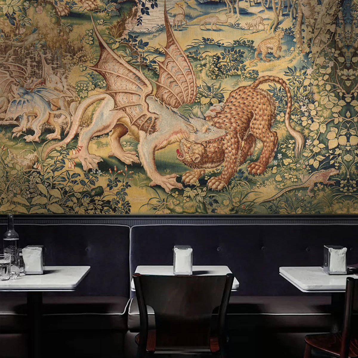 Animal motif wallpaper DRAGON ARRAS sandy beige with green