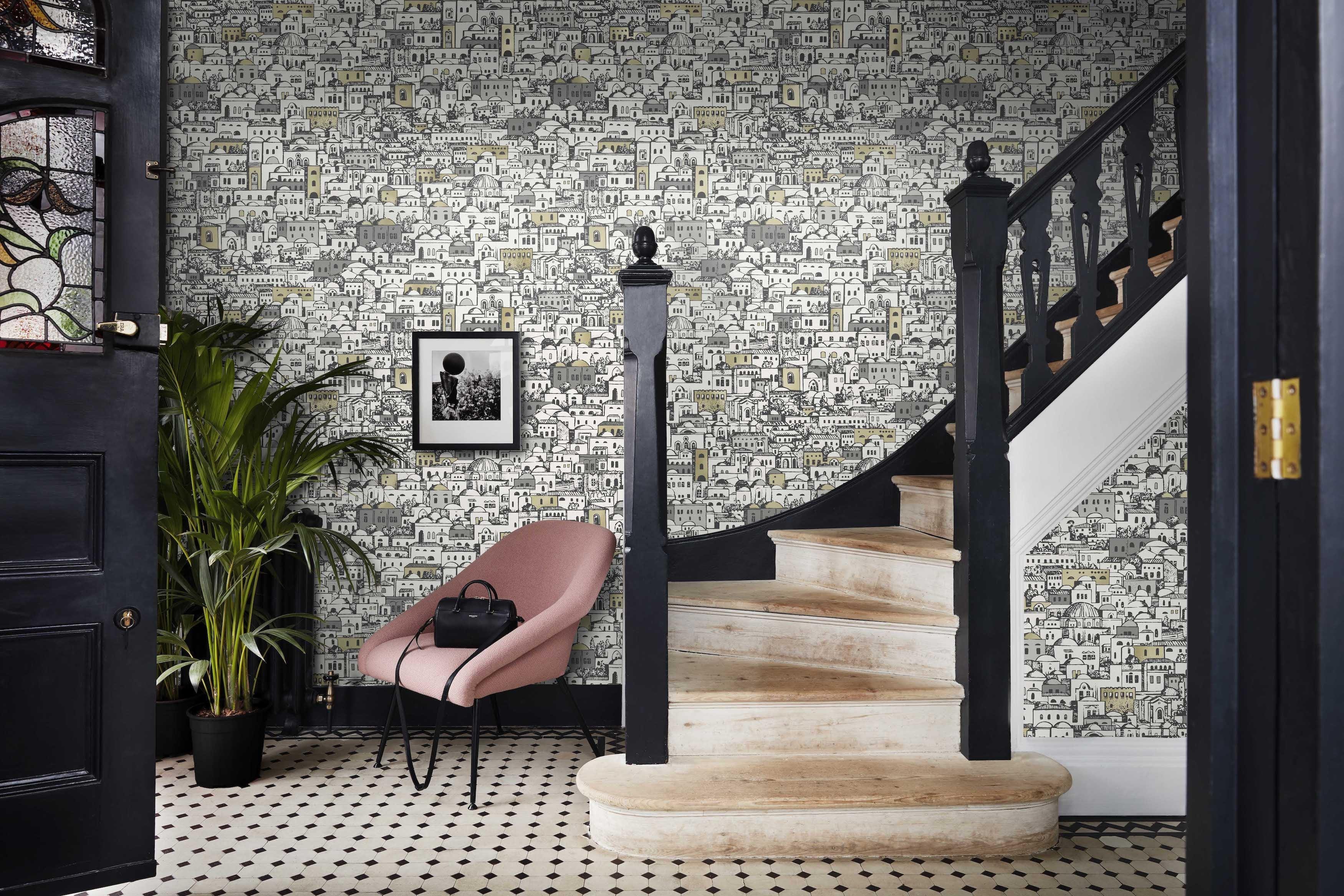 Wallpaper with a cityscape and buildings FORNASETTI - Mediterranea dark gray
