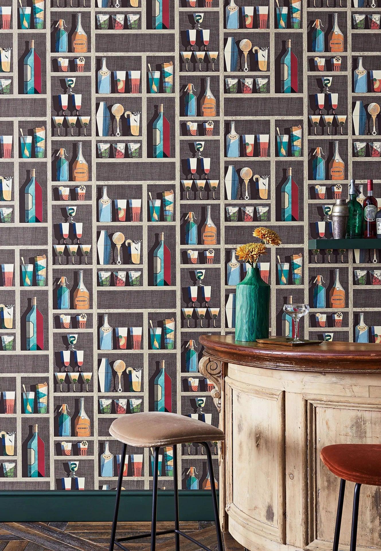 Wallpaper with bar and bottle motif FORNASETTI SENZA TEMPO - Cocktails beige