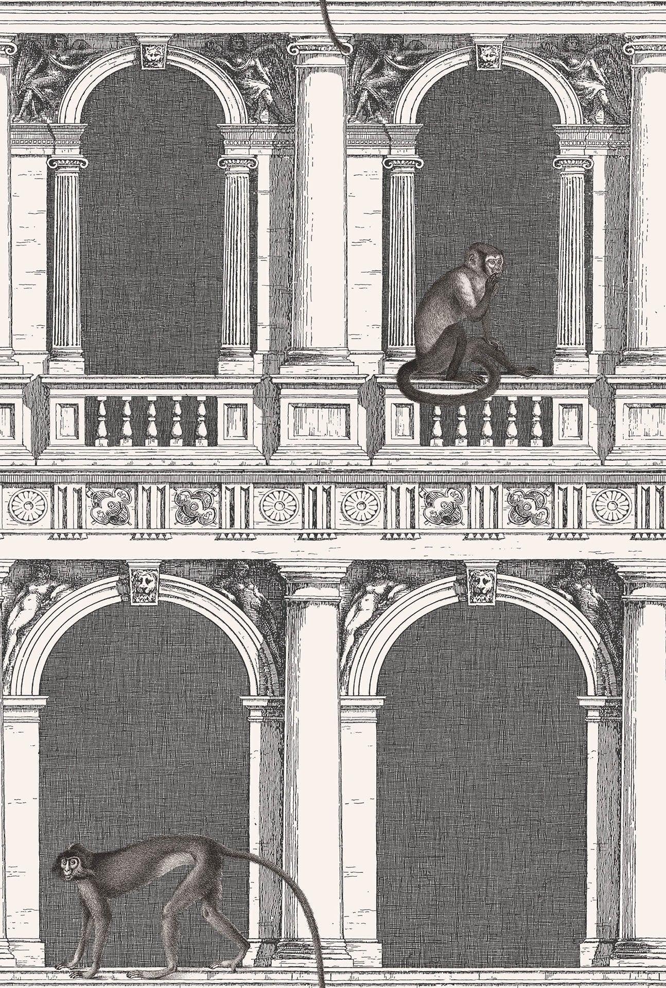 Wallpaper with a landscape of buildings and animals FORNASETTI TIMELESS - Procuratie and Monkeys light gray