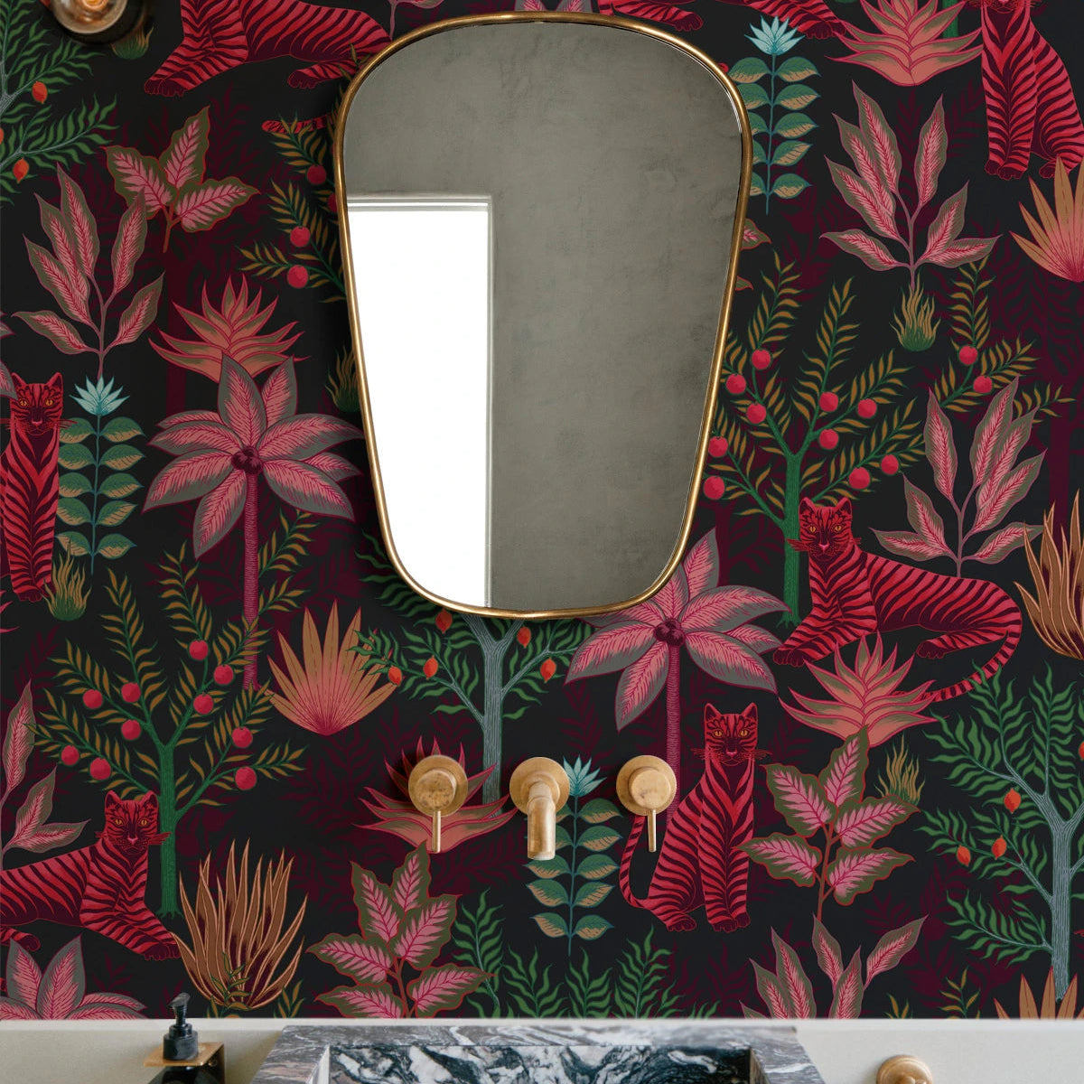 Gold Tigers Black Wallpaper with Floral and Animal Motif in Black and Red