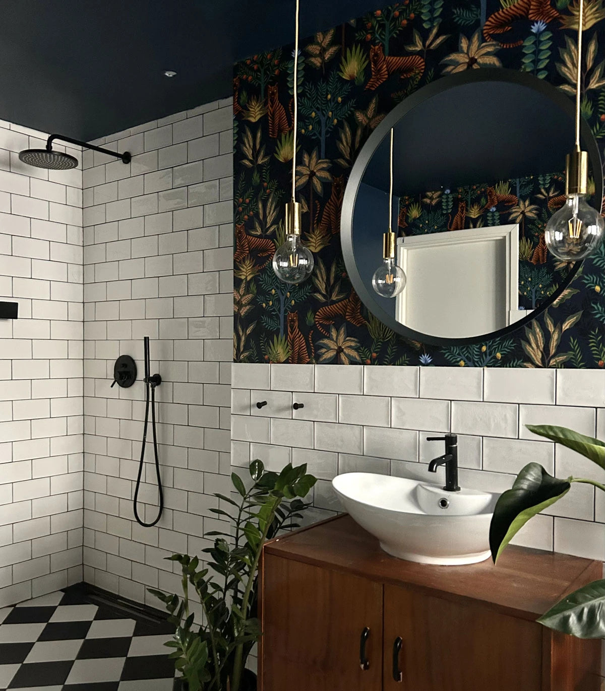 Dark Blue Wallpaper with Gold Animal and Plant Motif - Gold Tigers