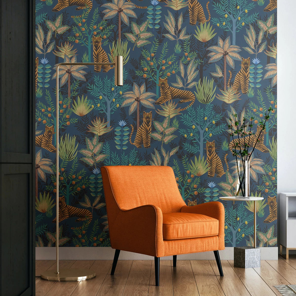 Dark Blue Wallpaper with Gold Animal and Plant Motif - Gold Tigers