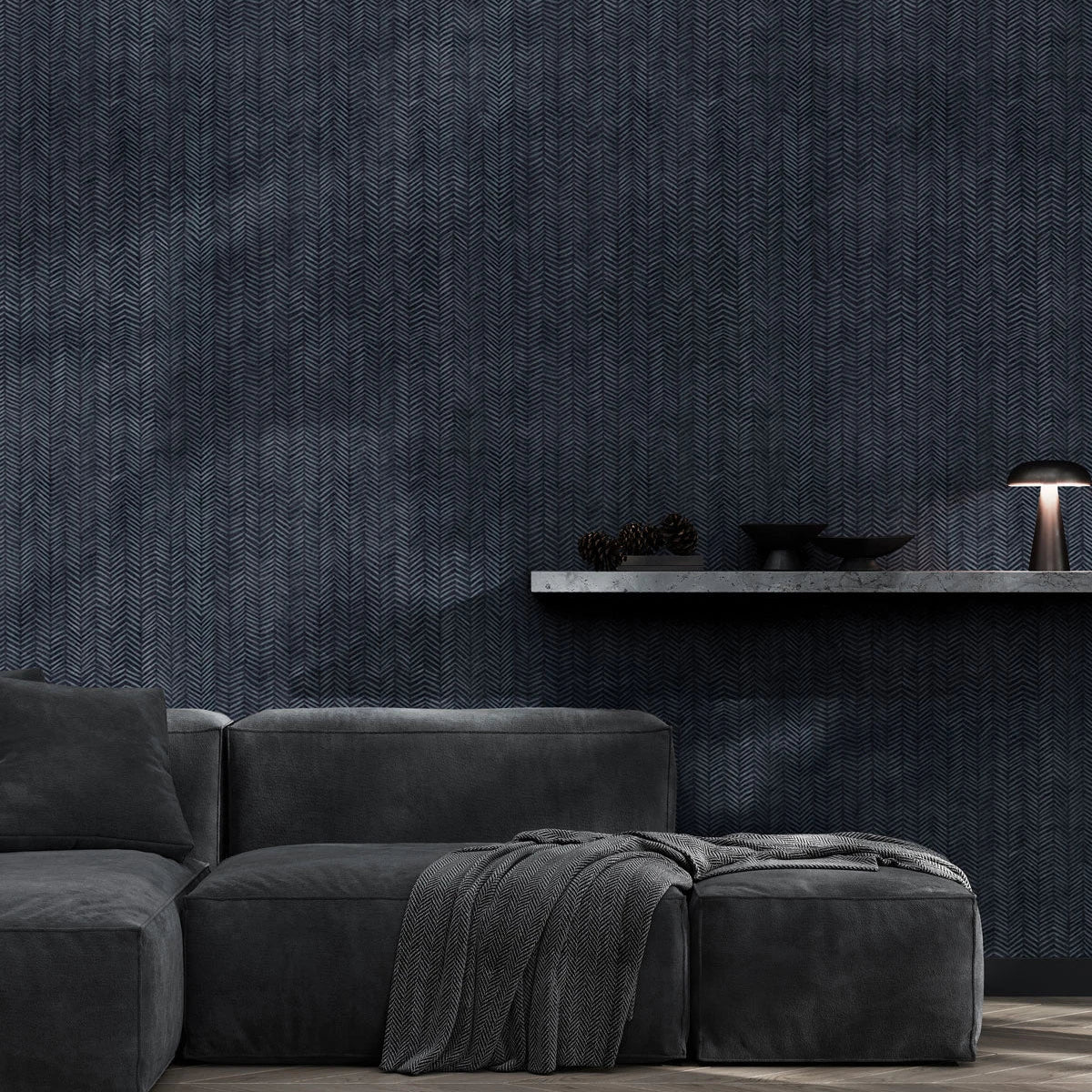 Non-woven wallpaper with a herringbone pattern blue