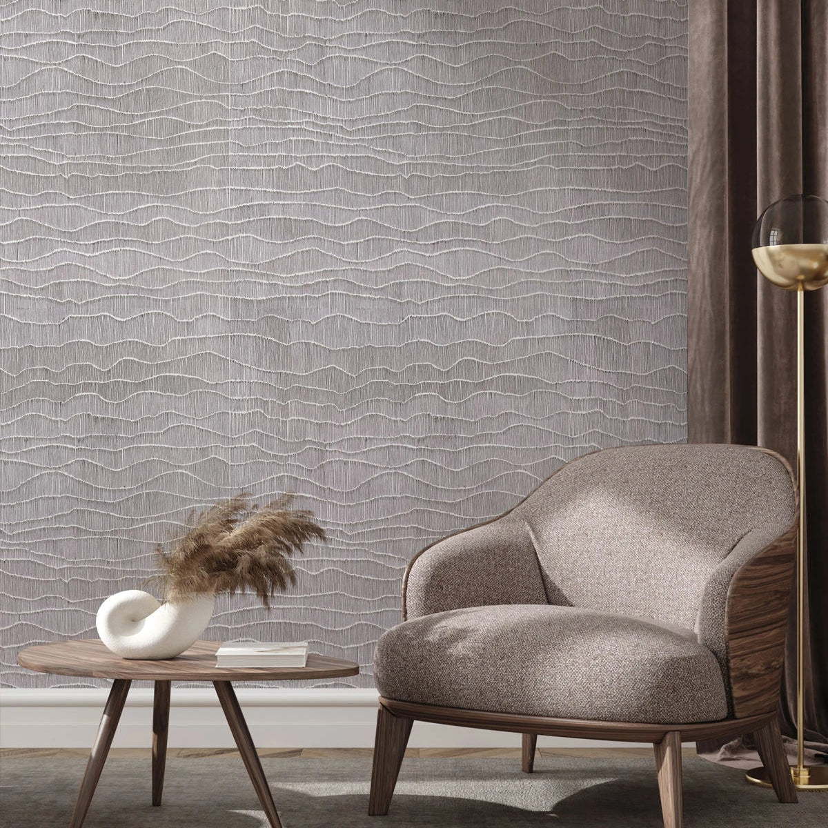 Non-woven wallpaper with an abstract pattern imitating waves ORGANIC gray