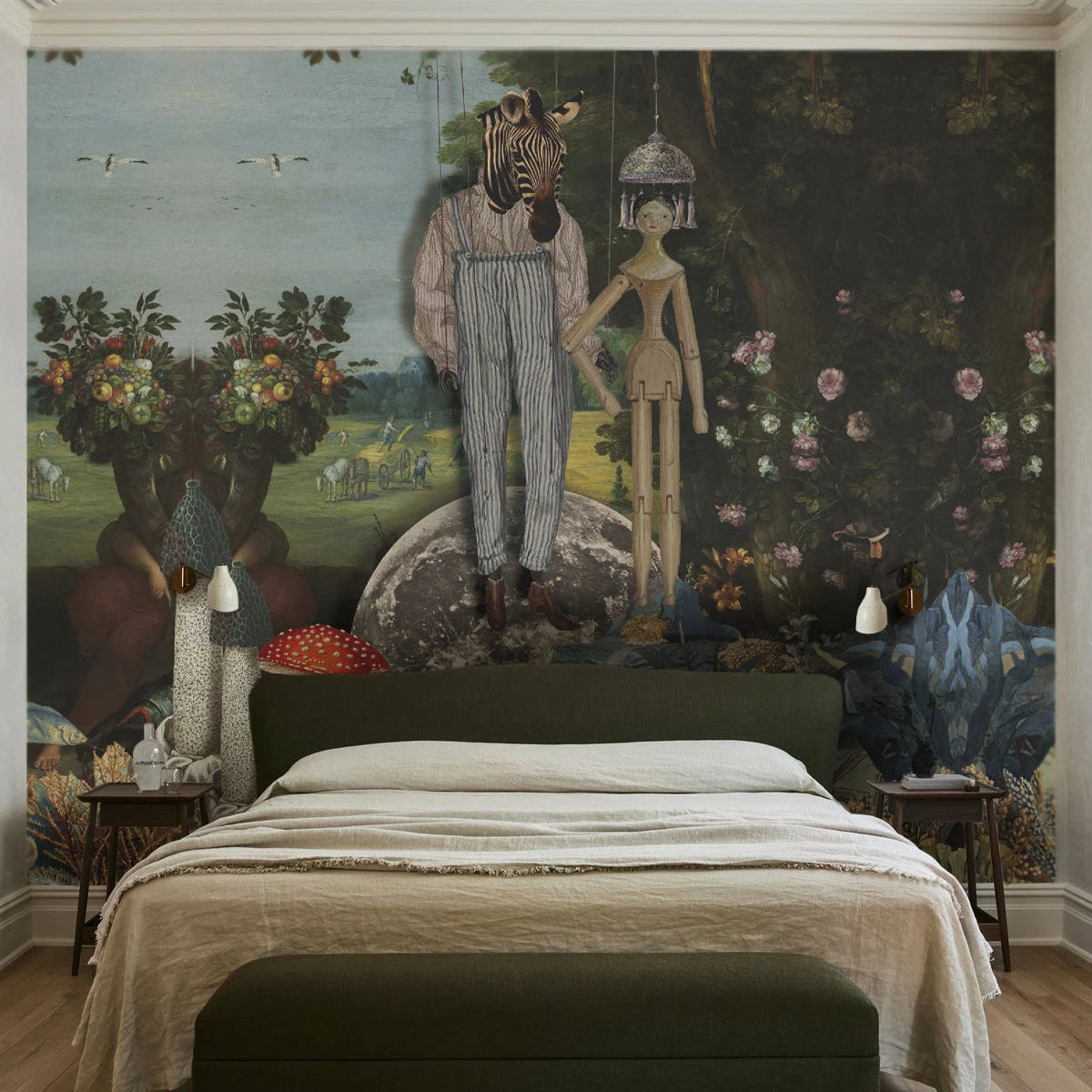 Wallpaper with Artistic Landscape PUPPETS Dark Green with Blue