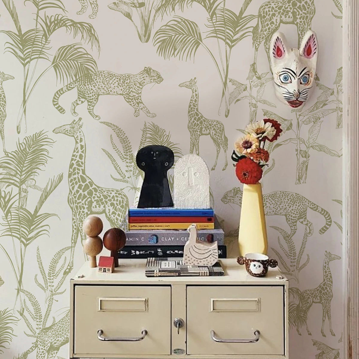 Safari Green Animal Print Wallpaper Beige with Green