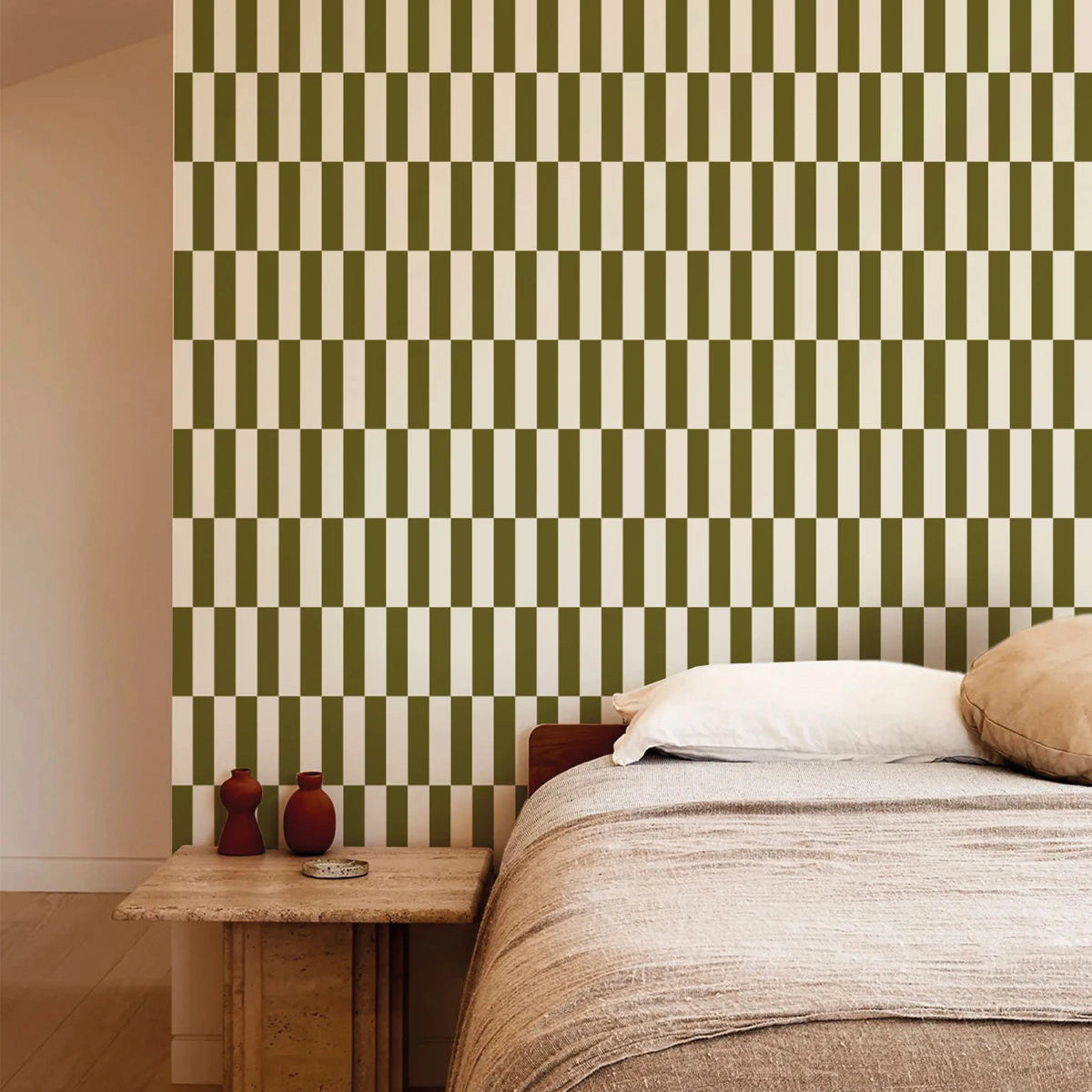 Non-woven wallpaper with geometric pattern TETRIS STRIPE olive
