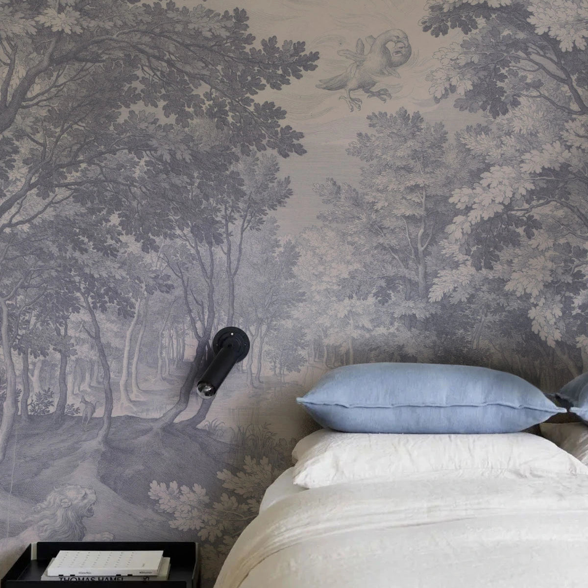 Non-woven wallpaper with the landscape TIMELESS TREES muted blue