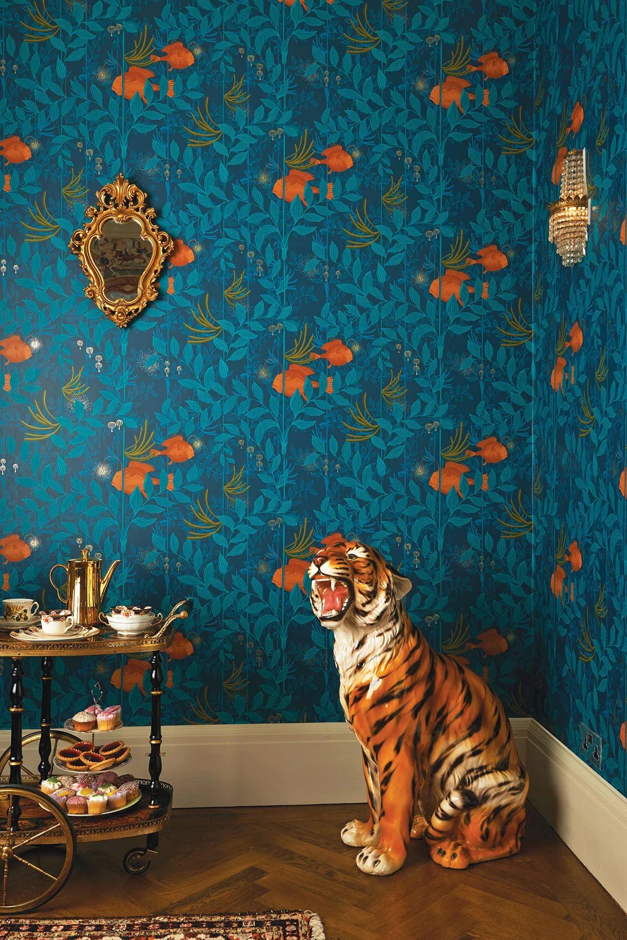 Whimsical Wallpaper with Marine Plant and Animal Motif - Green Nautilus