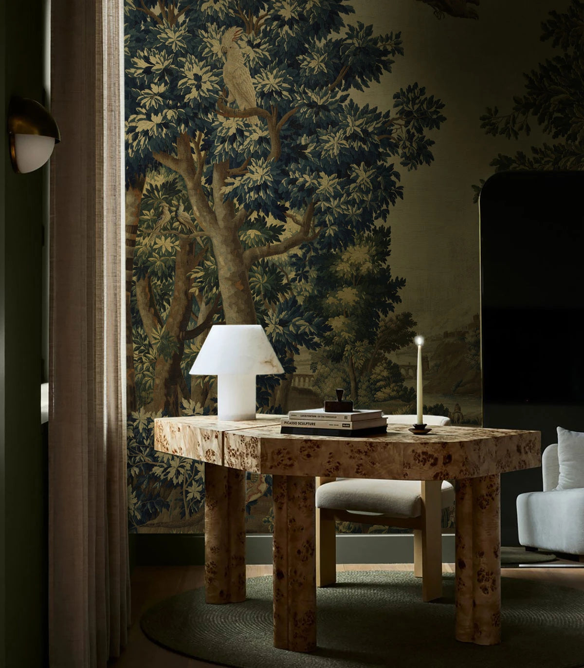 Non-woven wallpaper with WHISPERING GARDEN landscape in green