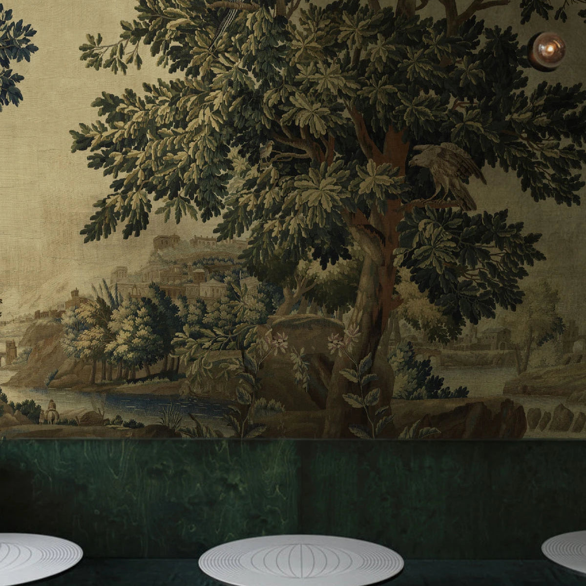 Non-woven wallpaper with WHISPERING GARDEN landscape in green