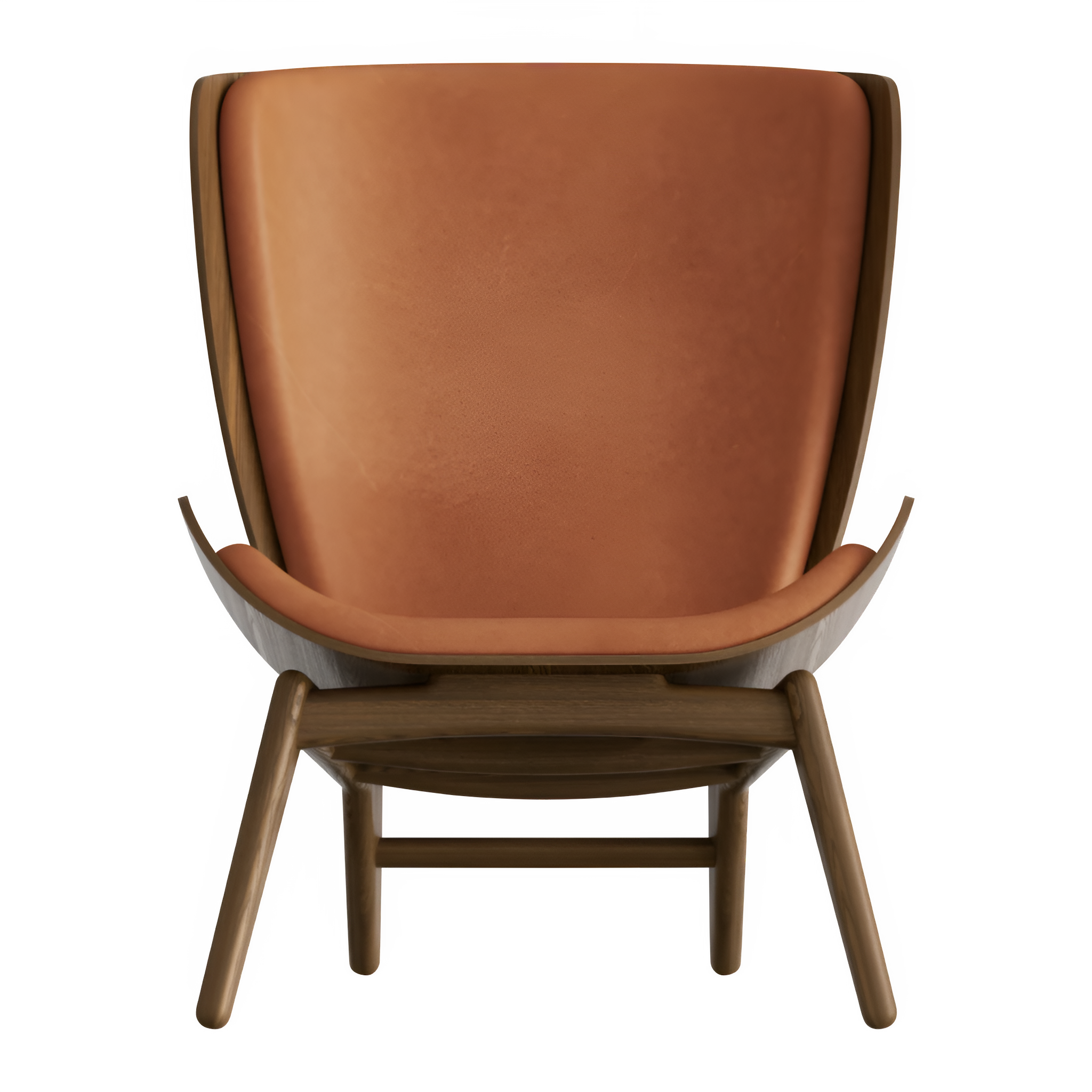 READER armchair in cognac leather with a dark oak base