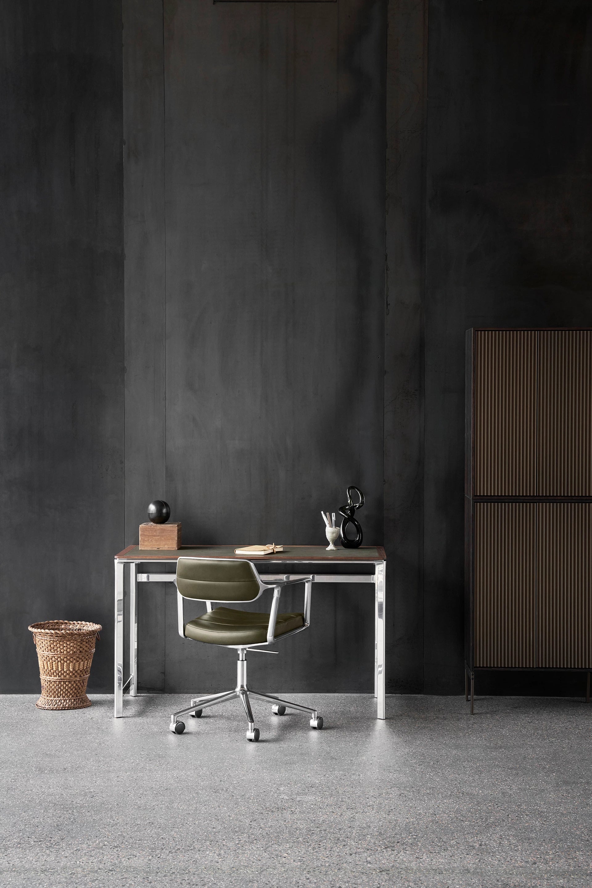 STUDIO Desk with Camel Leather Top, Oak Frame, and Aluminum Base