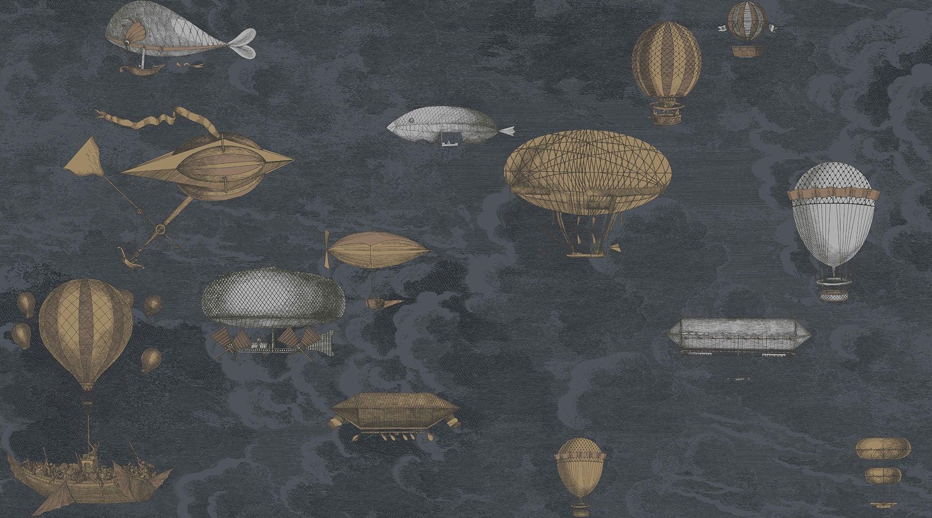 Wallpaper set with a landscape of flying machines FORNASETTI - Macchine Volanti navy blue