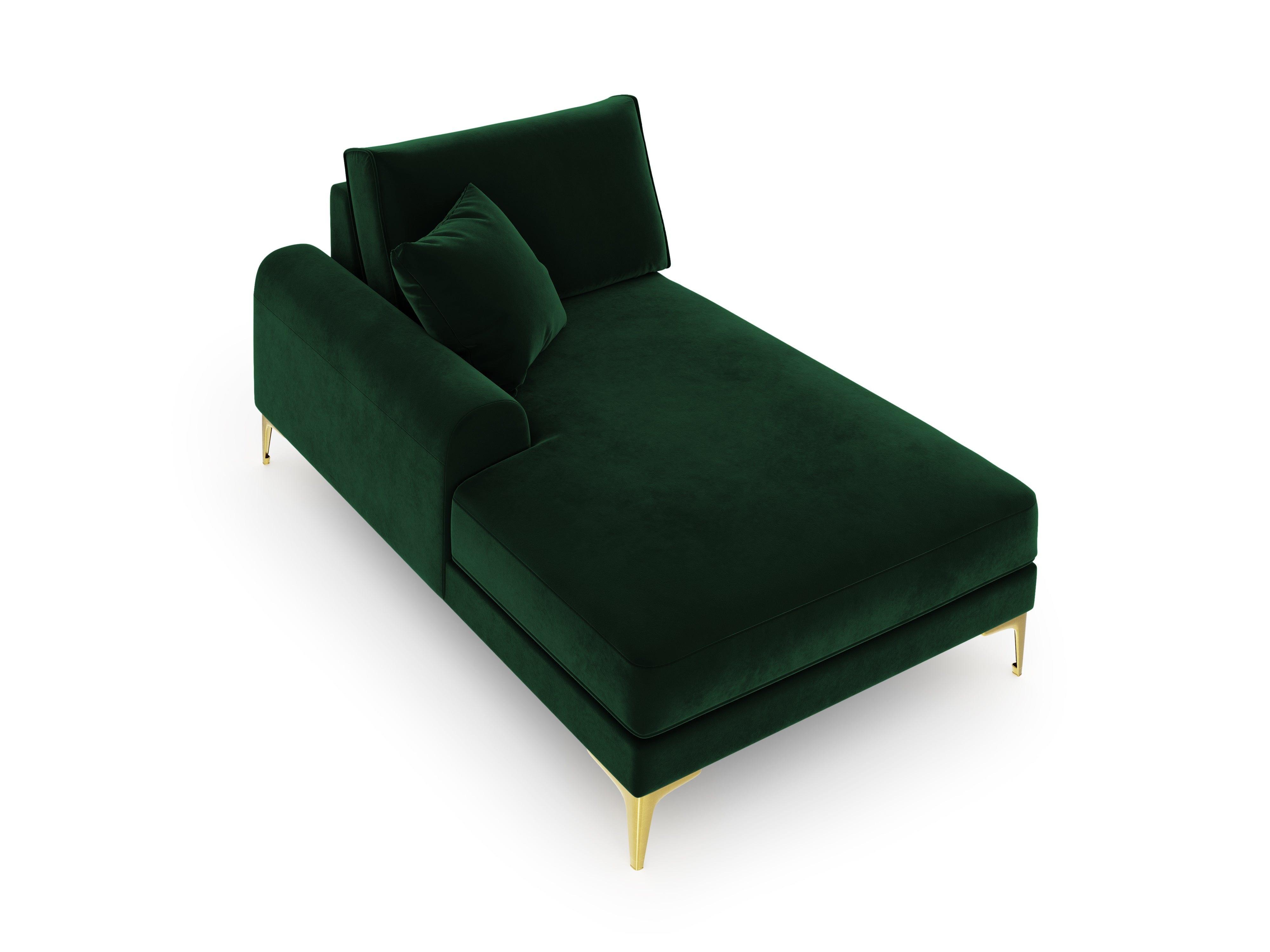 Szezlong aksamitny lewostronny MADARA butelkowa zieleń ze złotą podstawą Mazzini Sofas Eye on Design