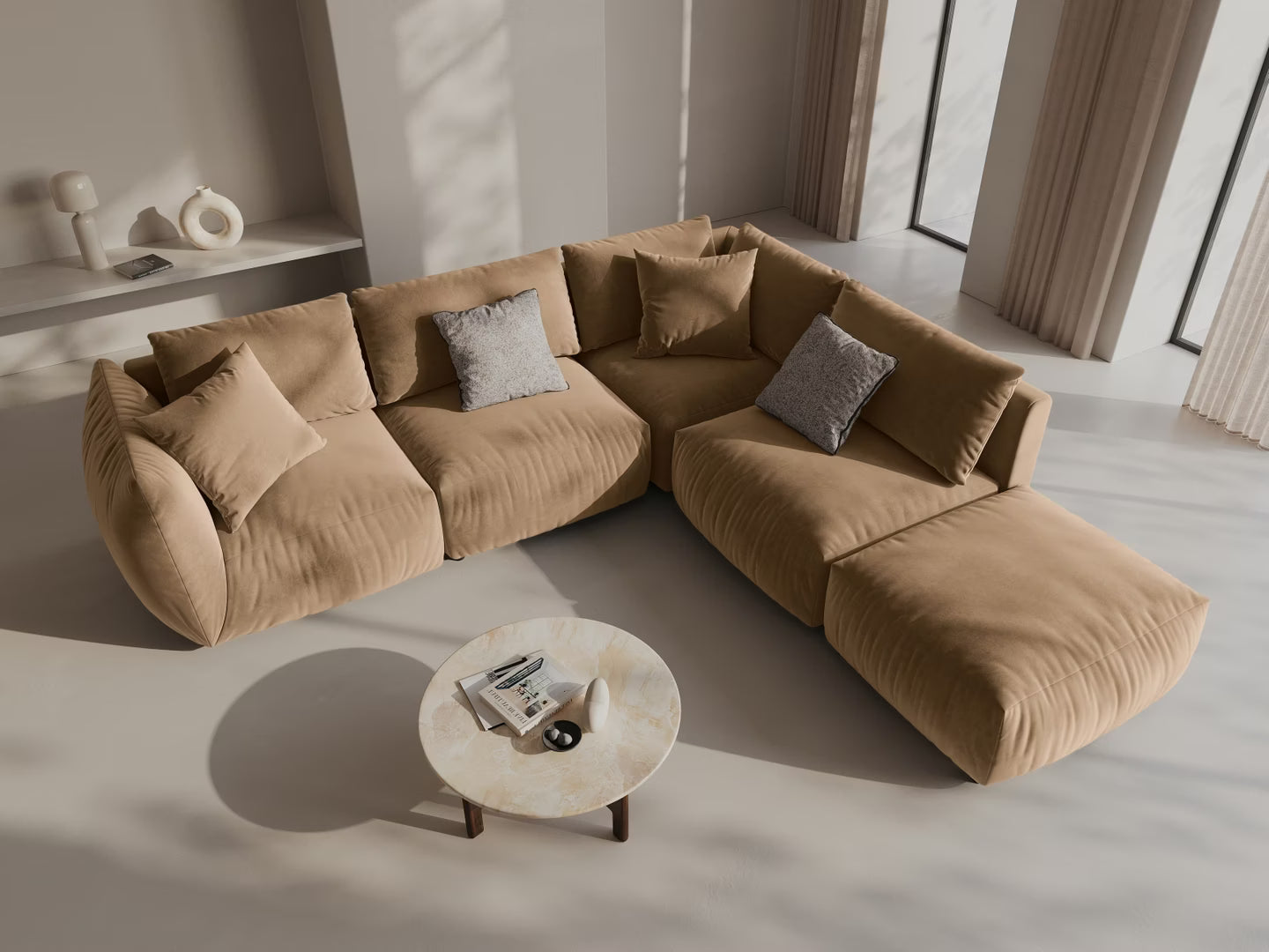 Left-facing 4-seater velvet modular corner sofa CHRIS in sand color