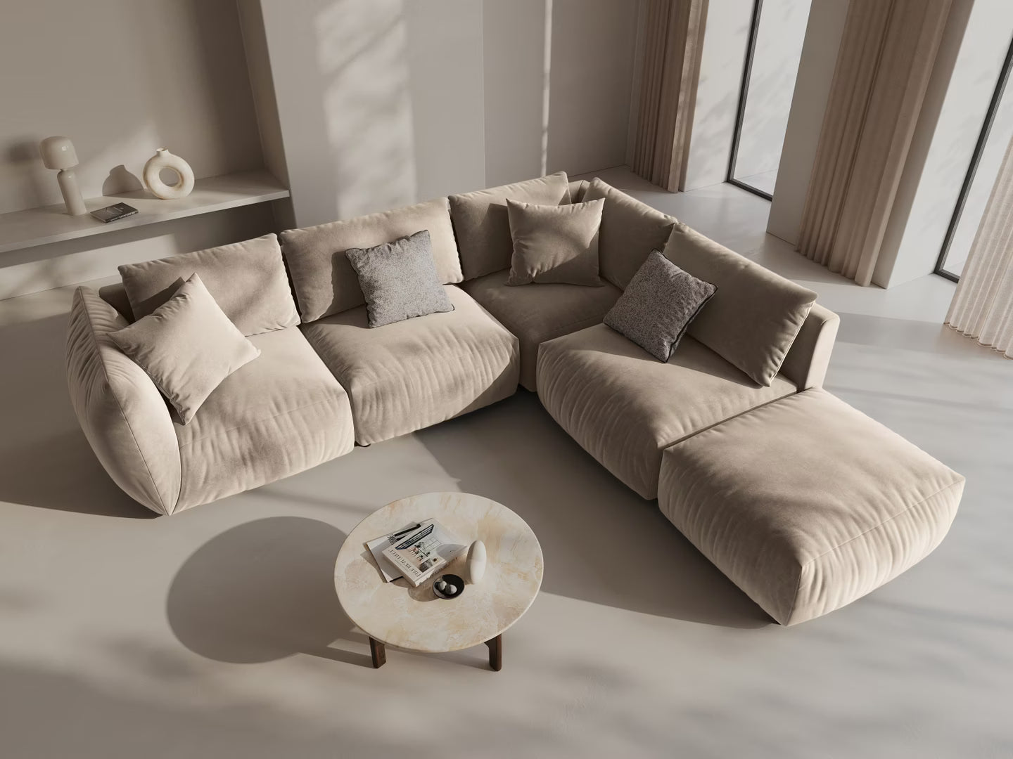 Left-facing 4-seater velvet modular corner sofa CHRIS ecru