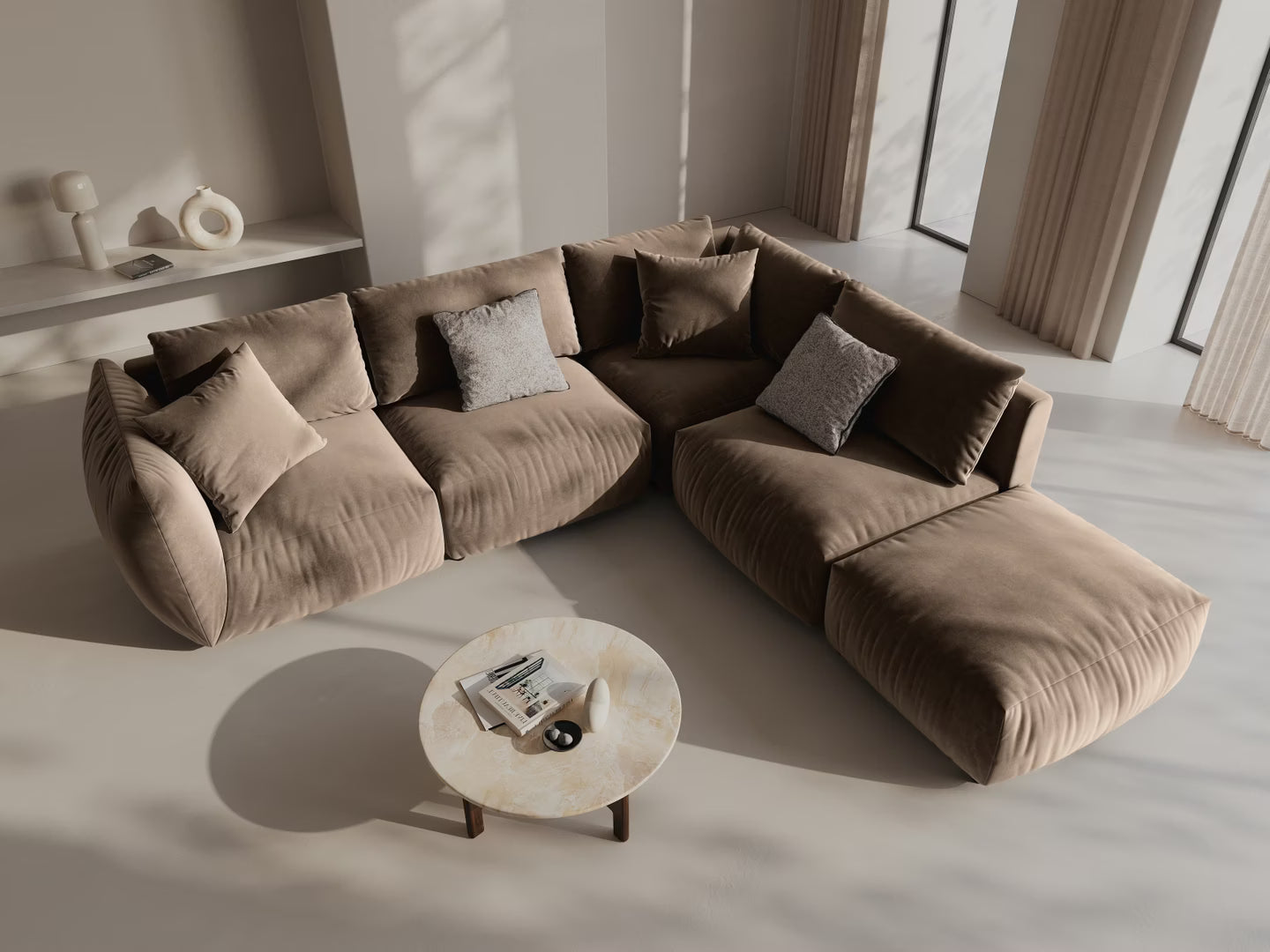 Velvet modular corner sofa for 4 people, left-sided CHRIS in light brown