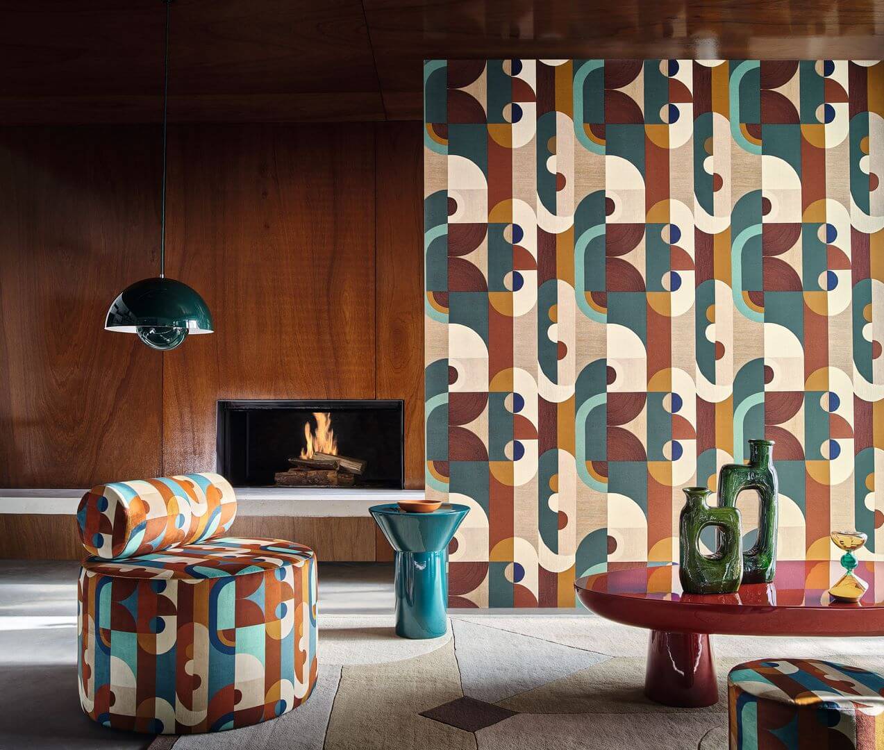 VASSILY Orange Geometric Patterned Textured Wallpaper with Burgundy