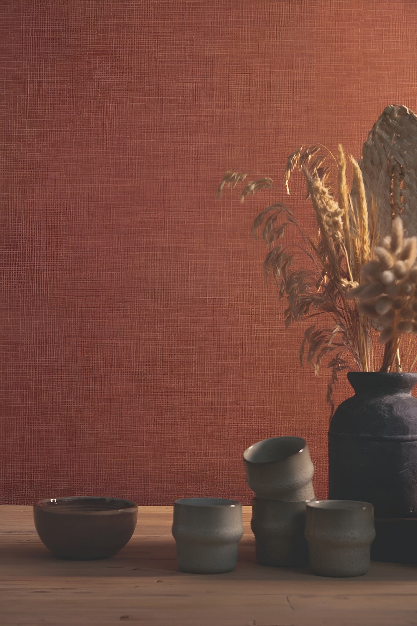 Structural wallpaper resembling linen canvas SHINOK - CEDRE ROUGE dark burgundy