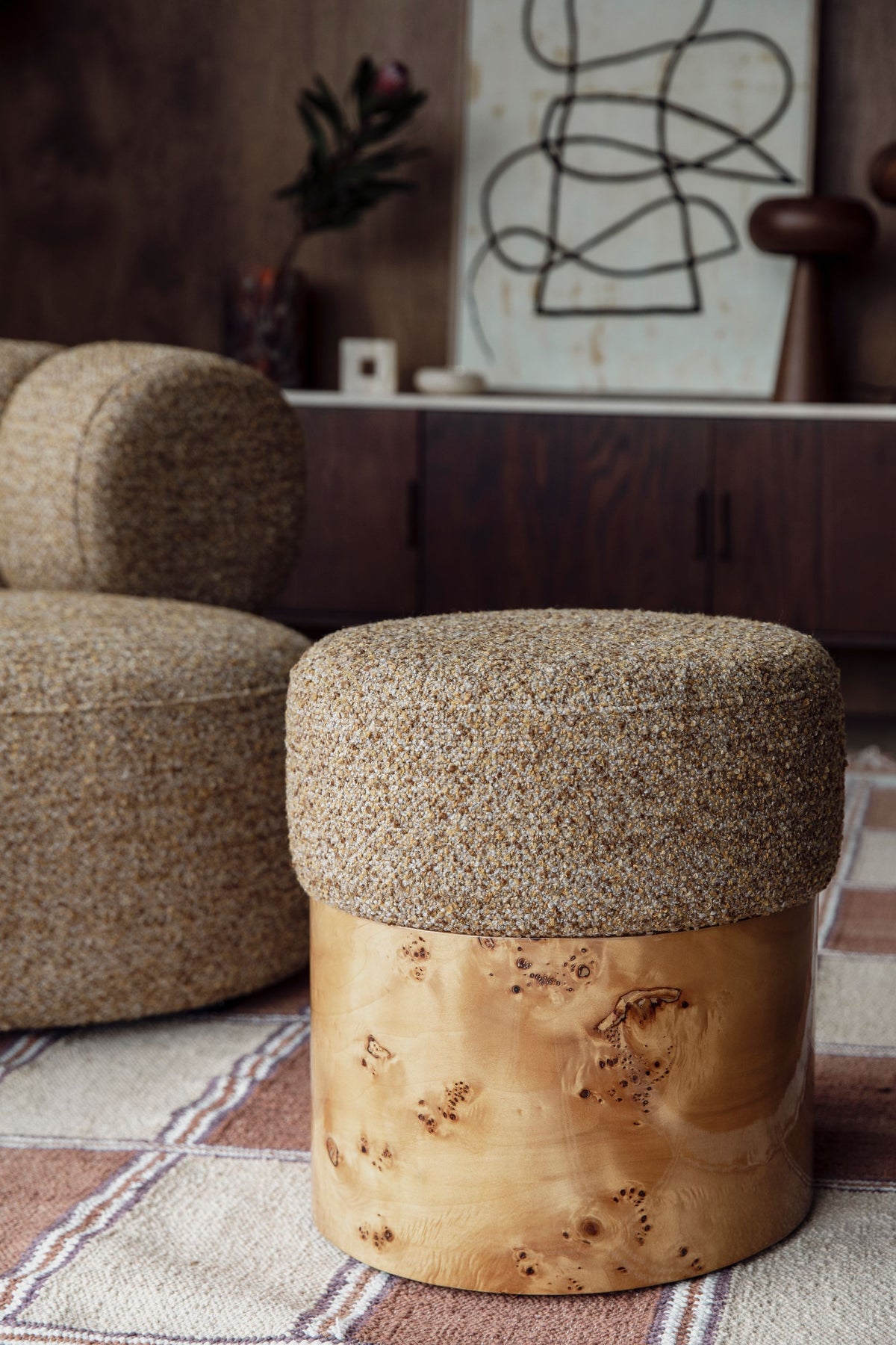 Burlin Stool in Beige with Root Veneer