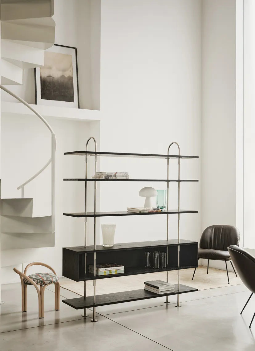 KEEN BOX Shelf dark ash wood with satin steel frame