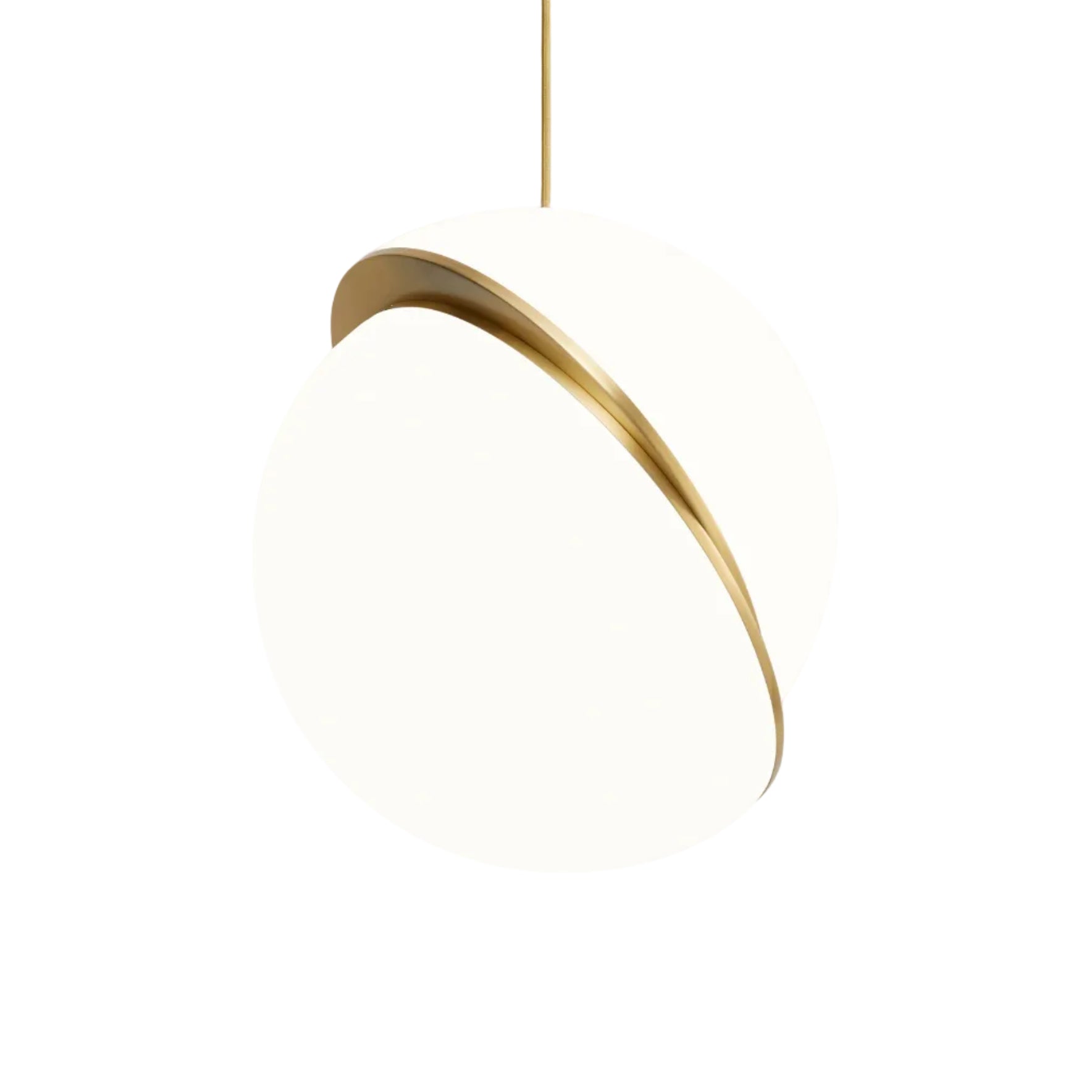 CRESCENT pendant lamp with an opal shade and brass accents.