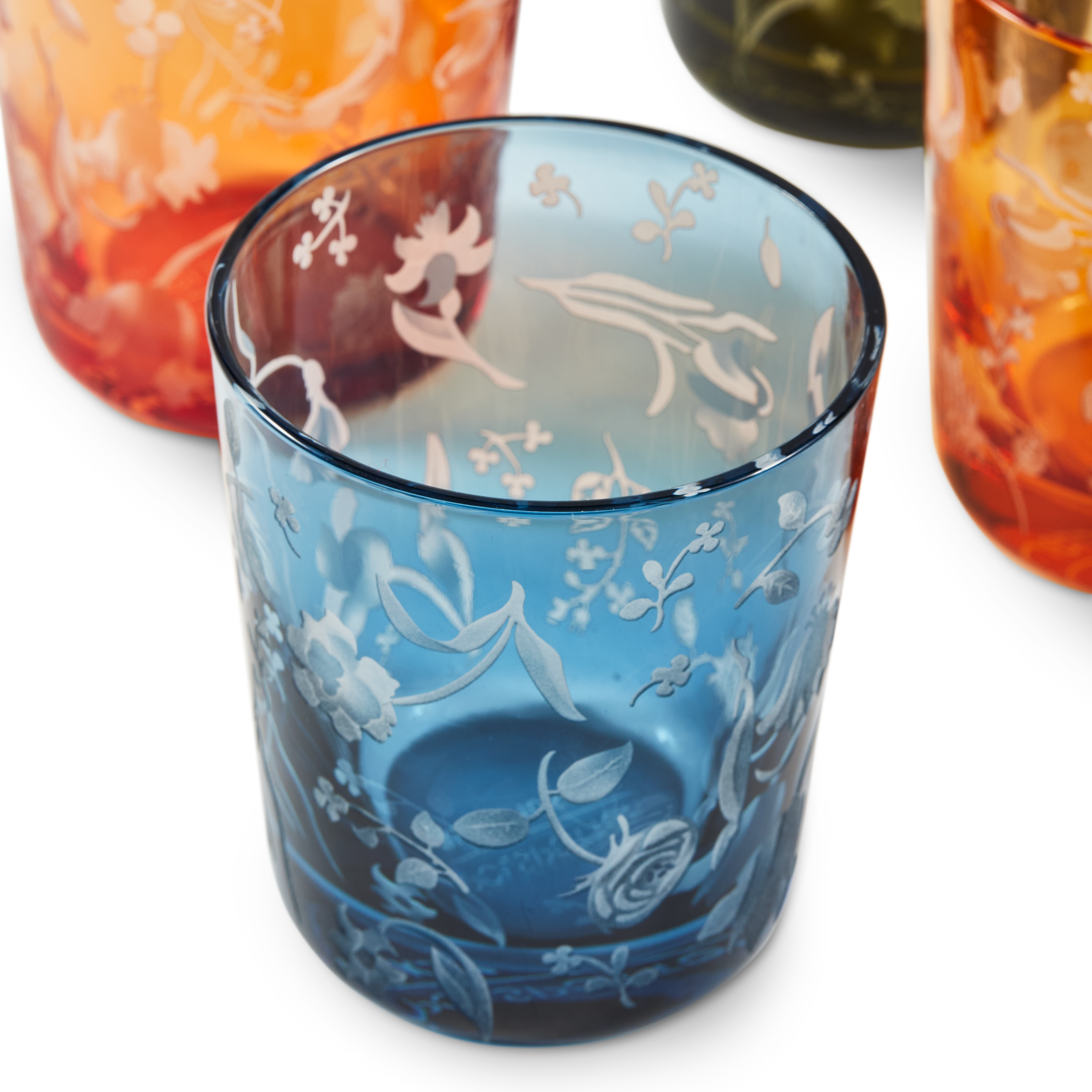 Set of Glasses SCATTERED FLOWERS Blue with Sandblasted Pattern